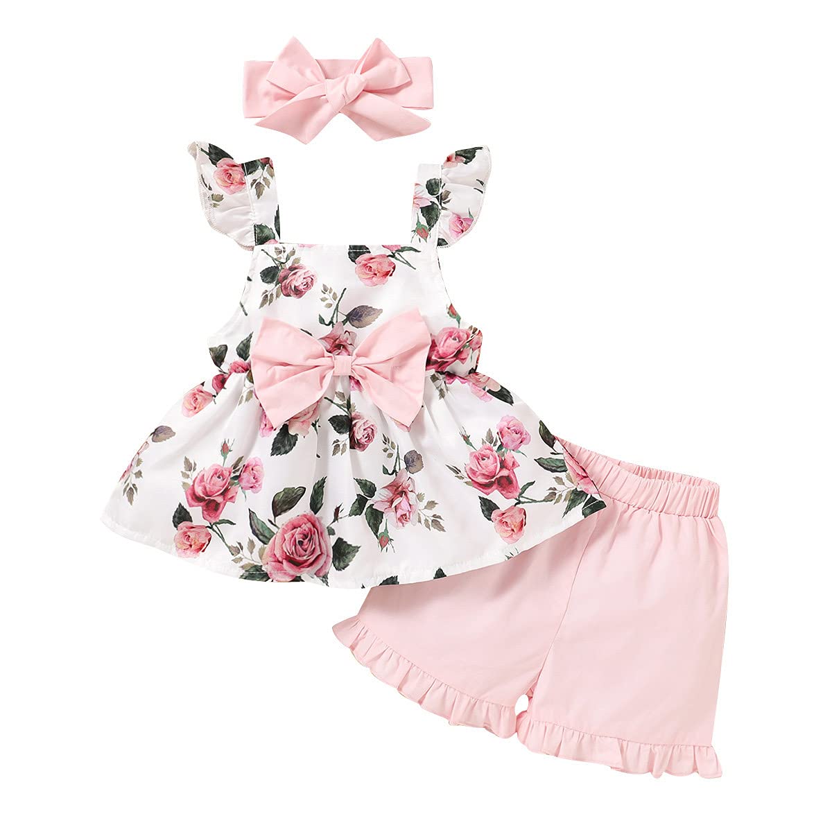 Toddler Baby Girl Shorts Set Sleeveless Bowknot Floral Tops Ruffles Shorts with Headband Outfit(12-24momths,Pink)