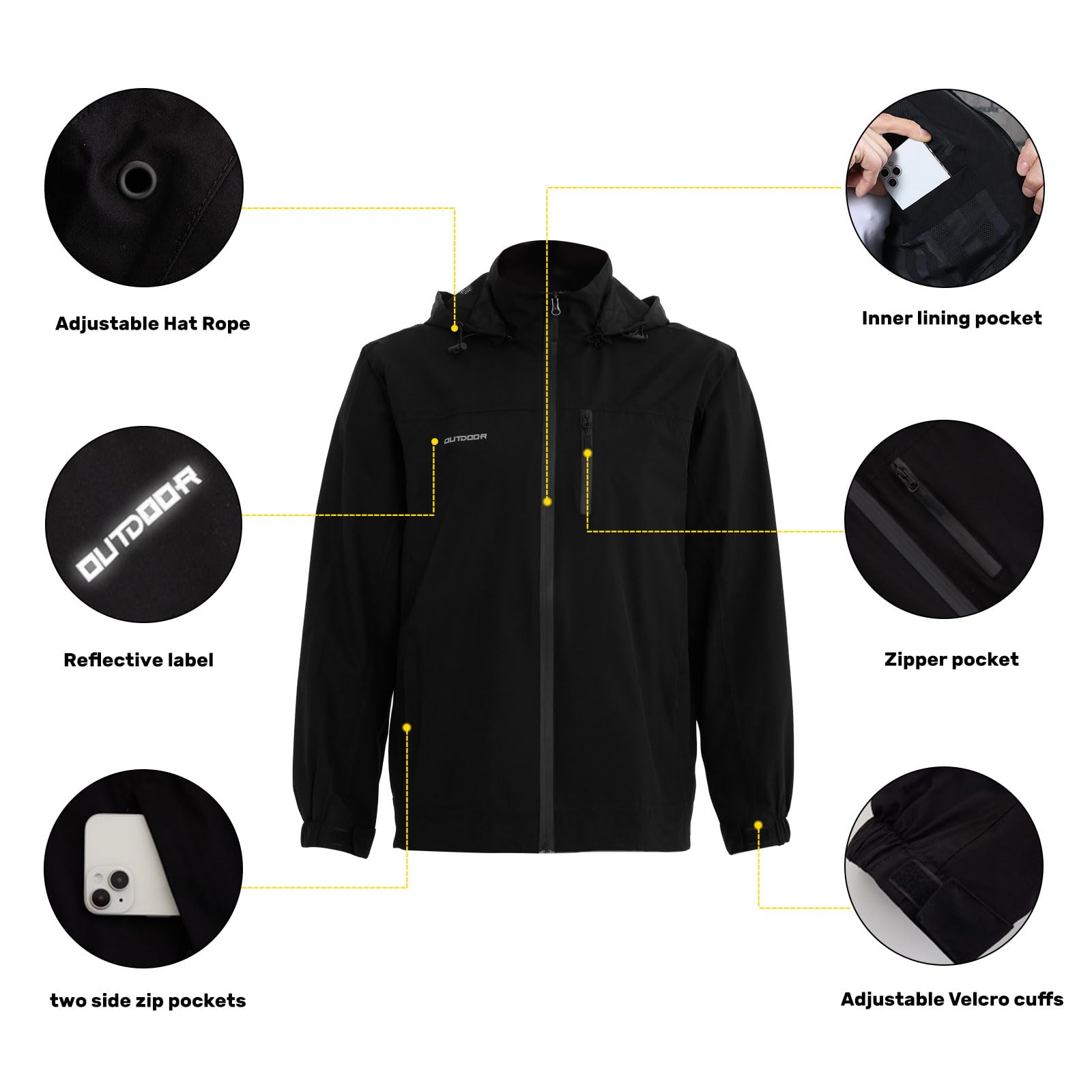 Halfword Wiatroszczelne kurtki męskie wiatrówka softshell kieszenie zapinane na zamek błyskawiczny odpinany kaptur outdoorowe wędrówki lekkie wodoodporne