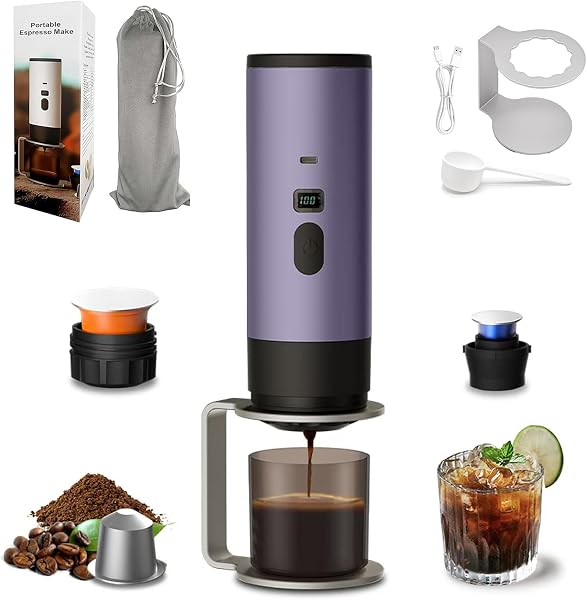 3-in-1 Portable Coffee Maker, 15 Bar Portable Espresso Machine with LED Display and 90ml Sink, Compatible with Ground Coffee & Capsules(Ns&DG) for RV, Hiking, Office, Auto-Heating, USB-C (Purple) - 1