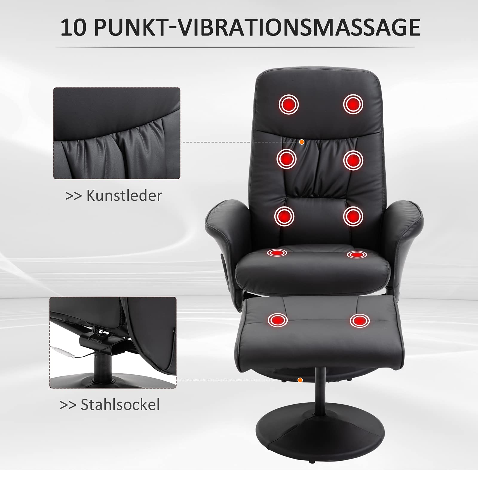 HOMCOM Relaxsessel mit Hocker, Massagefunktion,Fernbedienung, Schwarz | Fernsehsessel, Liegefunktion, 10 Massagepunkte, Massagesessel, Seitentasche, Drehbar TV-Sessel, Kunstleder
