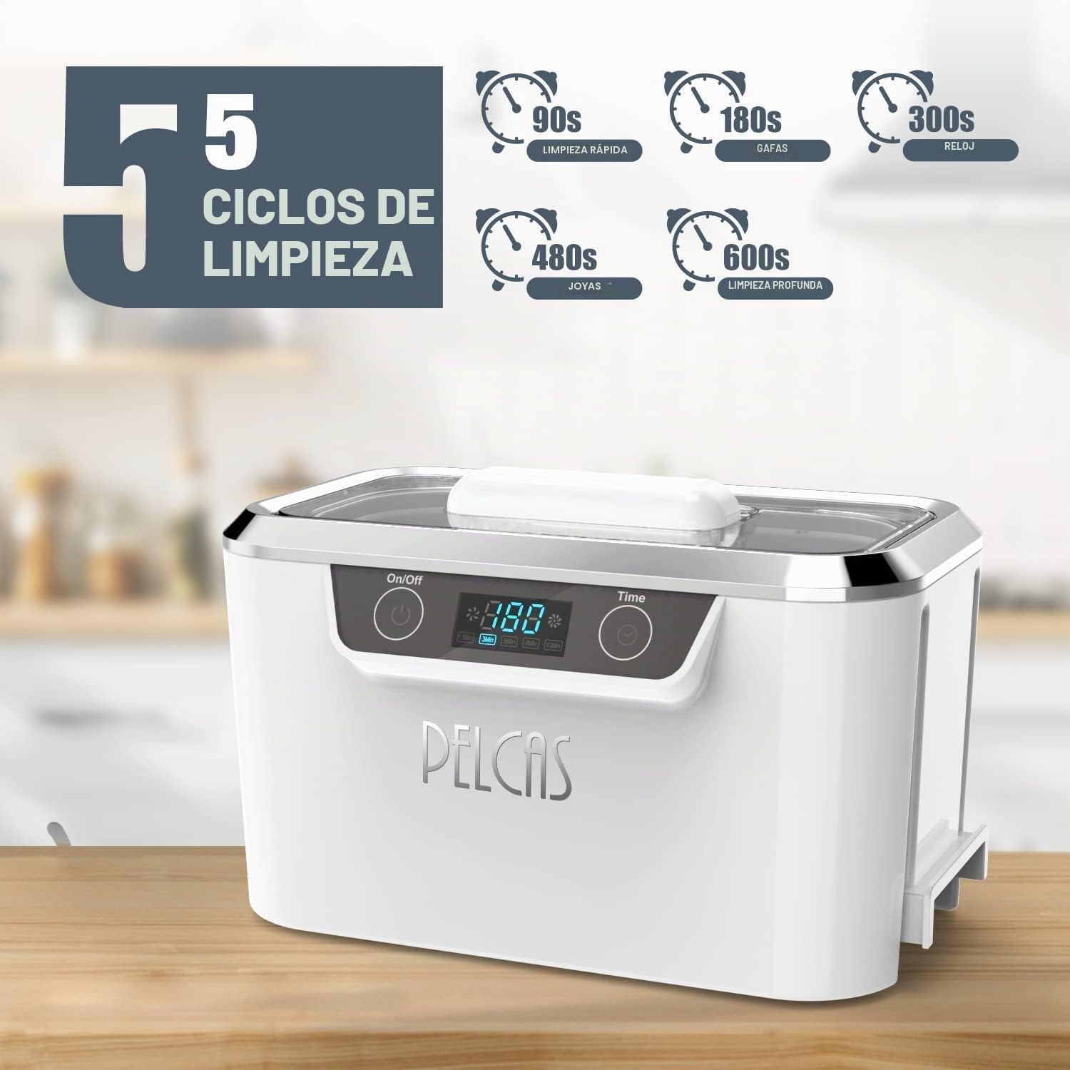 PELCAS Limpiador Ultrasonidos con Transductores Duales Limpiador Ultrasónico 800ML 42KHz con Pantalla Táctil y 5 Configuraciones de Tiempo para Anteojos, Relojes, Joyas, Dentaduras Postizas