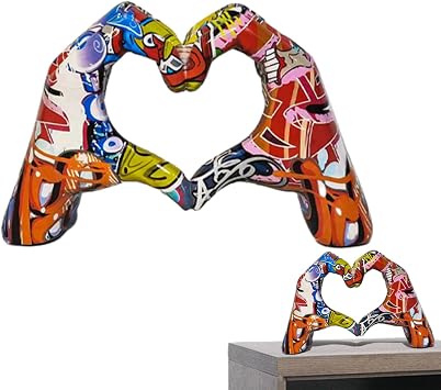 Heart Gesture Hand Statue - Colorful Graffiti Love Gesture Sculpture | Modern Love Heart Statue | Colorful Painting Heart Hand Sculptures | Modern Art Home Decor Accents | Ornament Room Decor Wedding