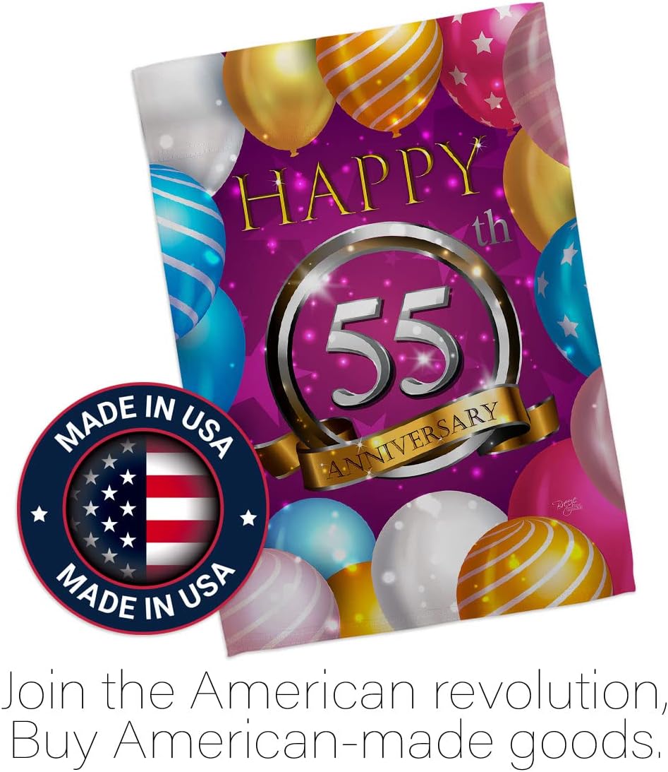 Breeze Decor Happy 55th Anniversary House Flag Celebration Couple Married Wedding Occasion Party Valentines Decoration Banner Small Garden Yard Gift Double-Sided, Made in USA