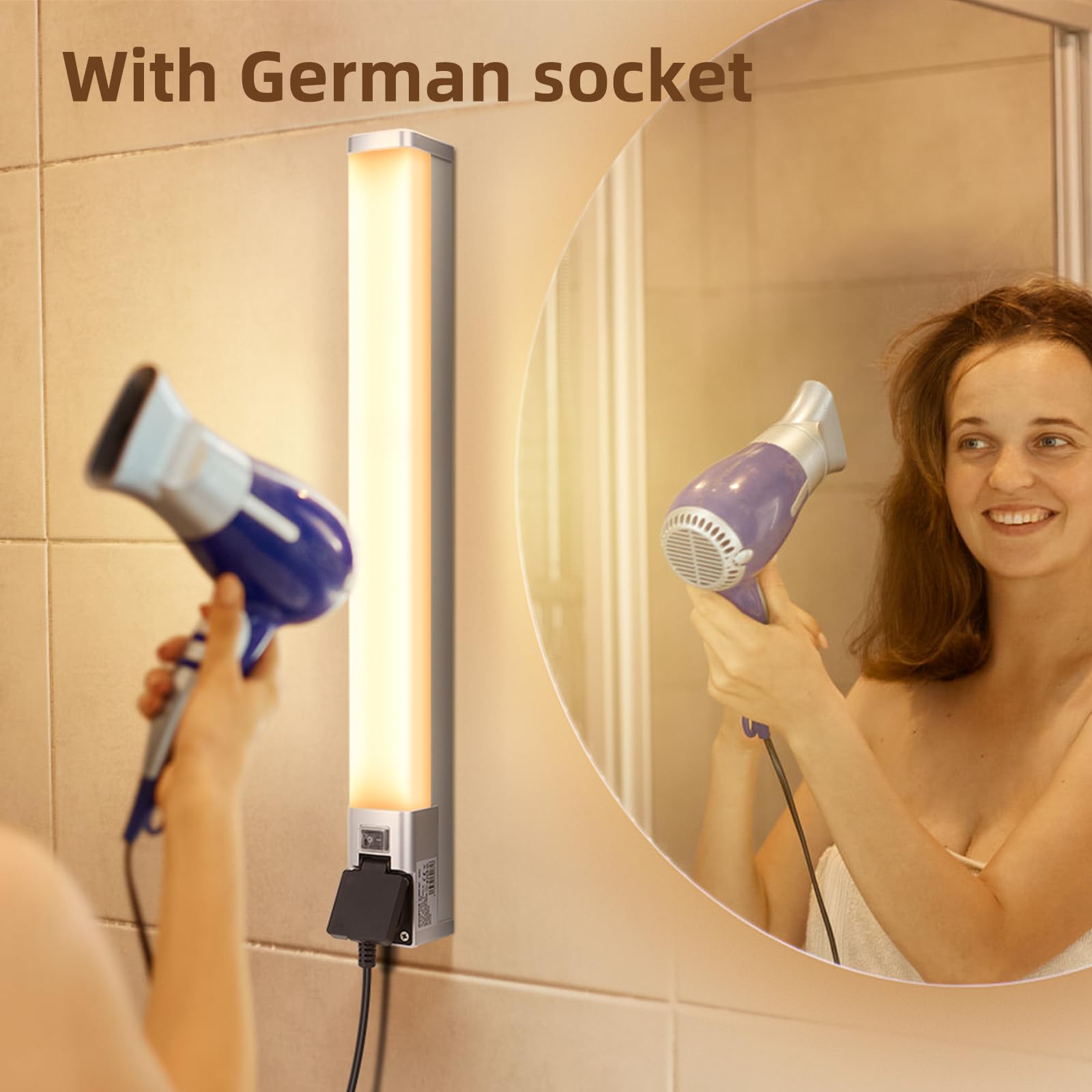 Aigostar Lámpara LED de Espejo con toma de corriente 66.5cm 15W 1350LM Lámpara de Baño 4000K Luz natural Lámpara LED de Pared IP44 230V Luz de Espejo de Baño de Blanco Apliques Espejo de Baño