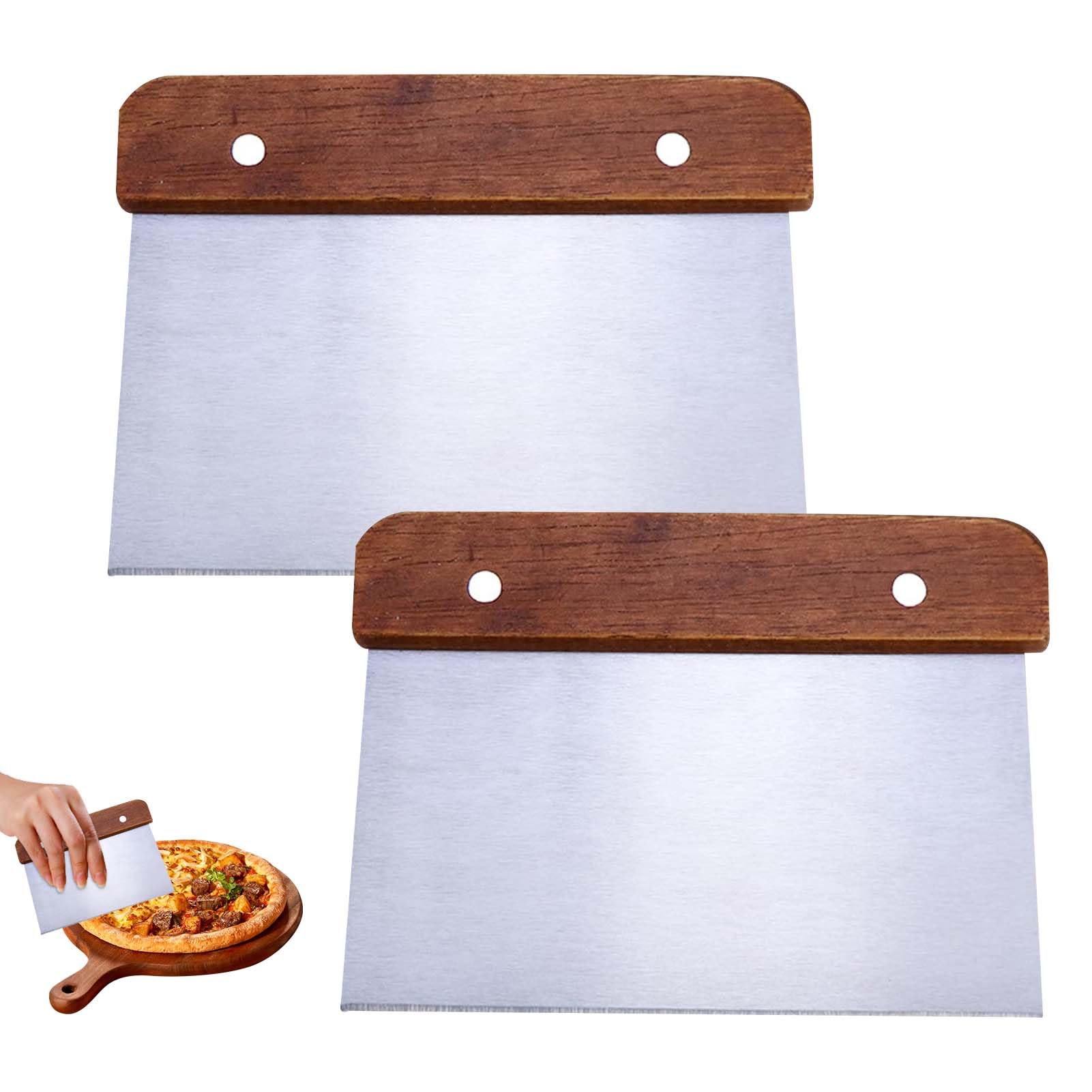 Dough Scraper, 2Pcs Bench Scraper for Baking, Food Scraper with Wooden Handle, Stainless Steel Multipurpose Kitchen Scraper for Pizza, Bread, Pastry, Cake Dough Cutter Baking Shaping