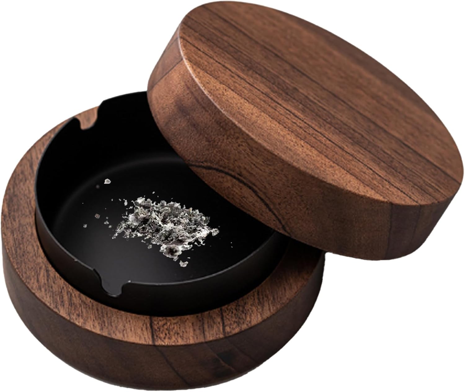 Wooden Ashtray with Lid Round Stainless Steel Liner Detachable 3 Slot Ash Tray Odor