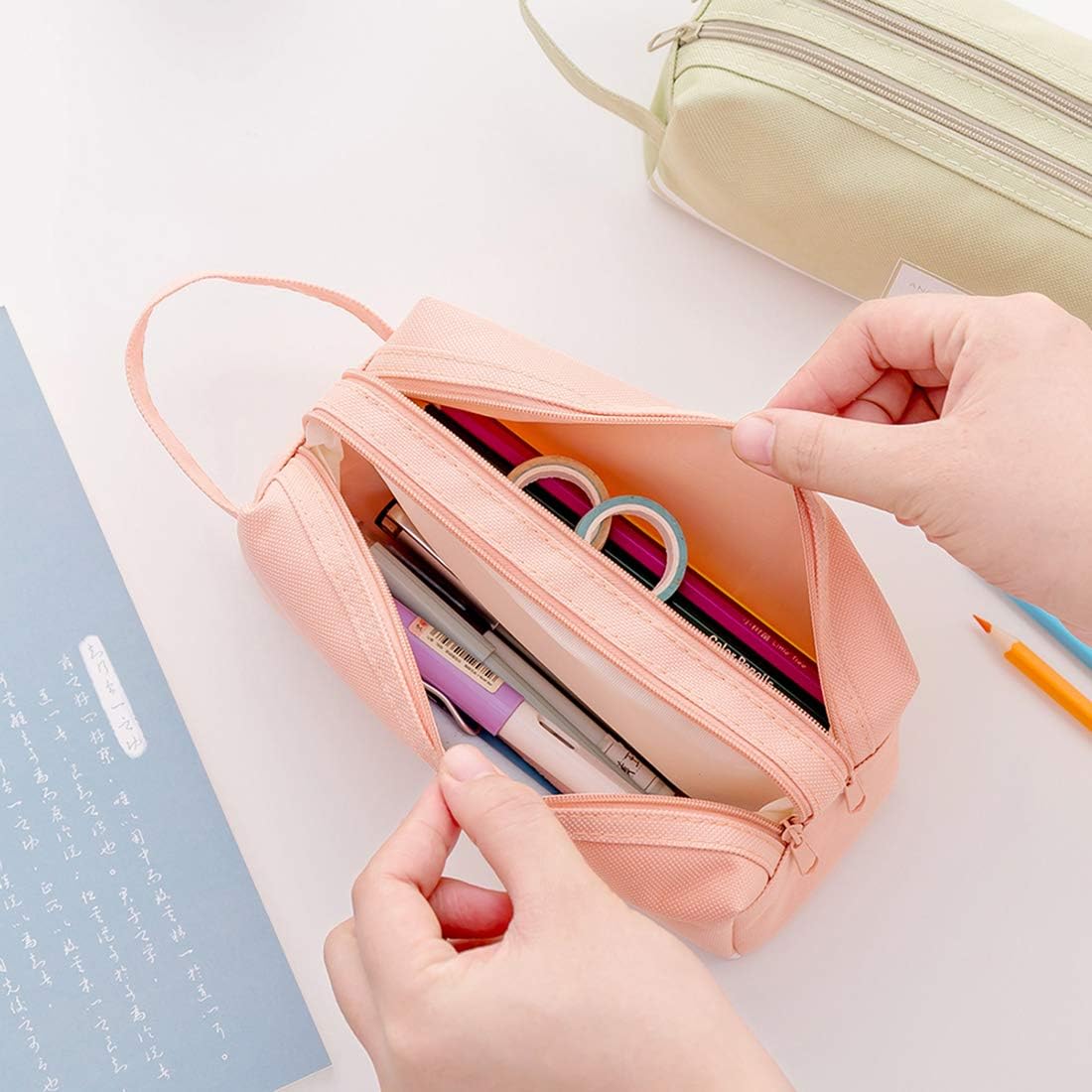 iSuperb Portable Pencil Case Large Capacity Dual Zipper Organizer Storage Pouch Pen Bag Compartments Cosmetic Bags for Office Women