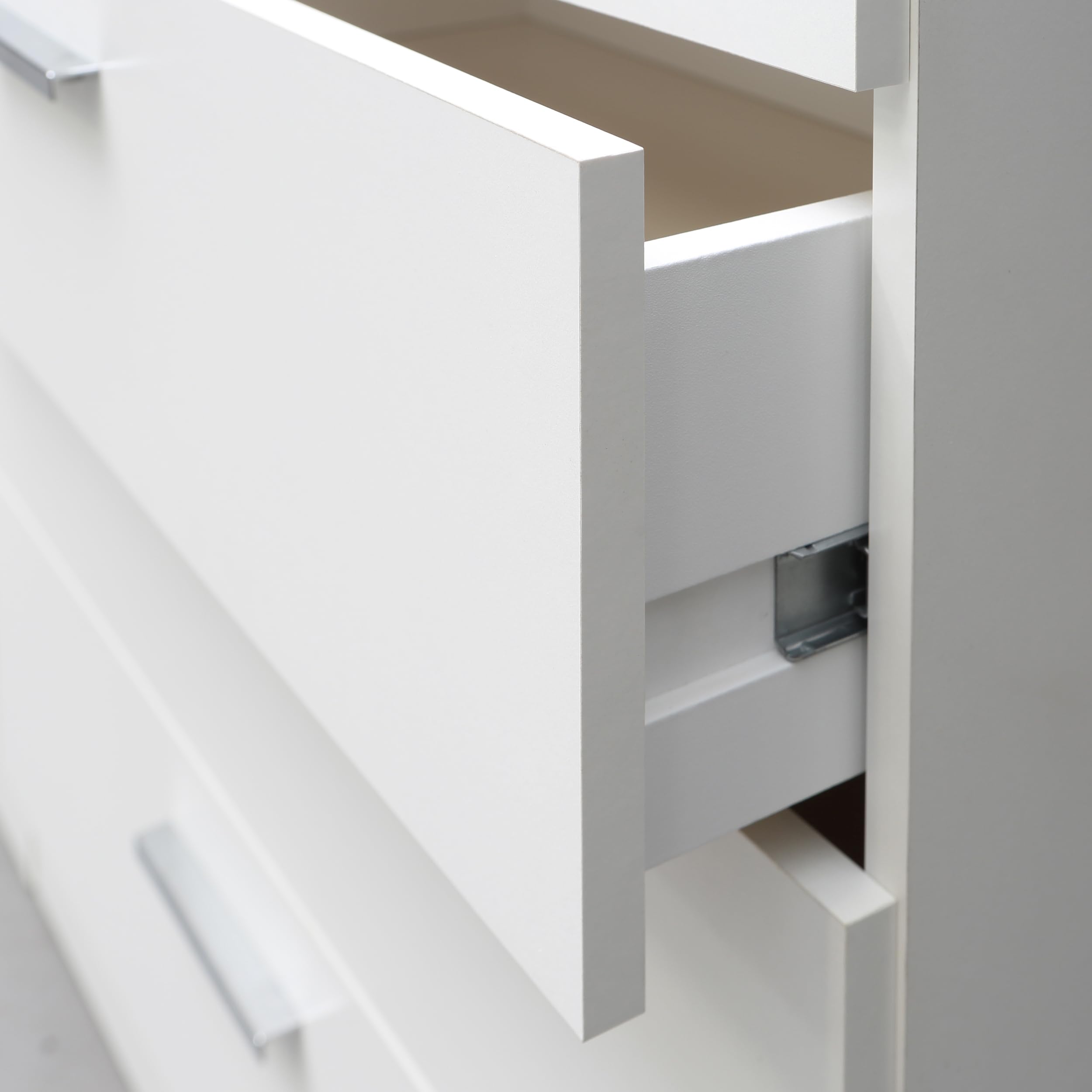Forte Panama Kleiderschrank 200, modern-minimalistischer Kleiderschrank mit Regalkommode, 3-türig, 4 Schubladen, 2 Spiegel, Holzwerkstoff, Weiß, 199 cm breit x 181 cm hoch x 52,7 cm tief