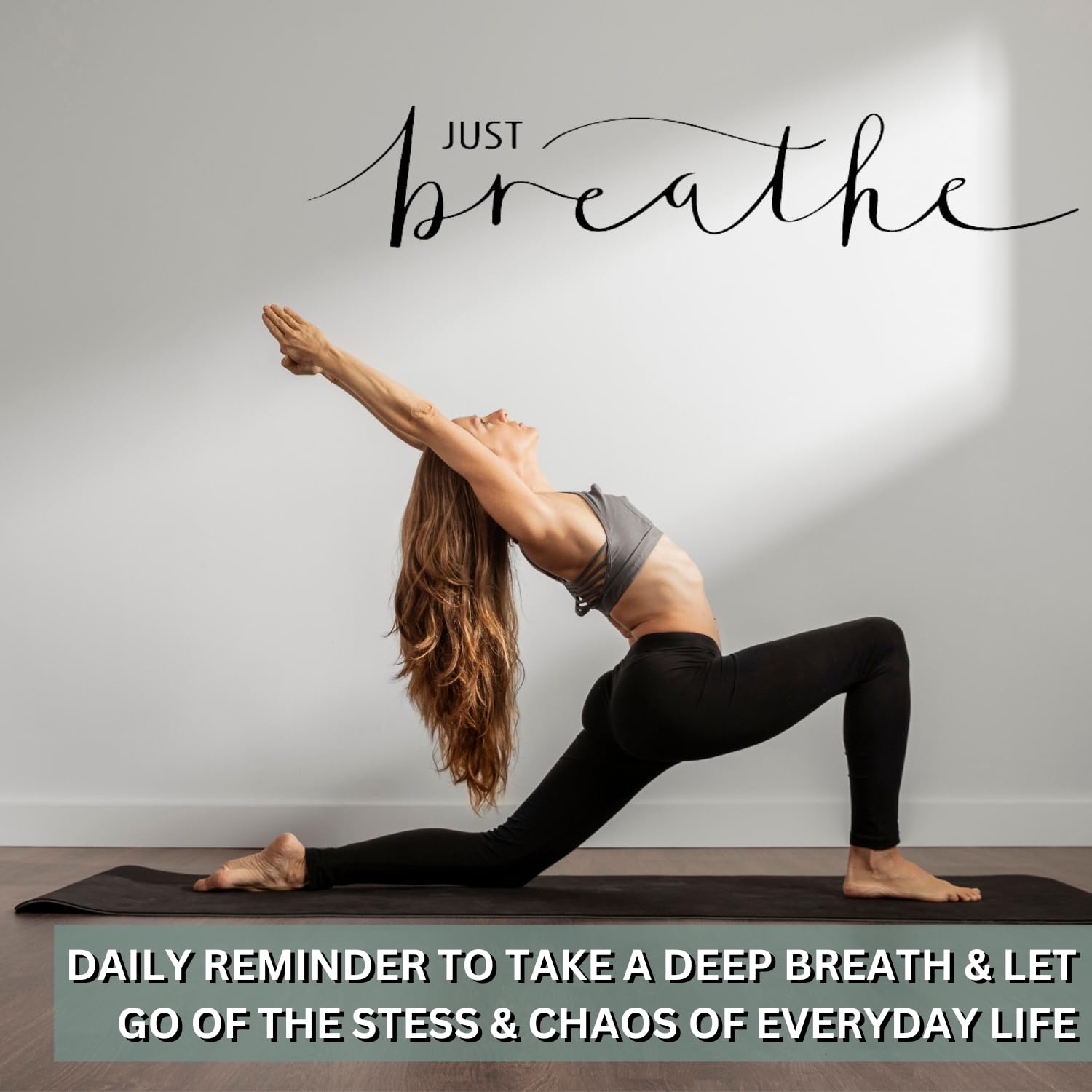 Aldera Graphics Vinilo adhesivo de pared con cita inspiradora – Just Breathe Words Letras Pegatinas Decoración – 28 x 5.5 pulgadas, Negro mate – Mural de decoración del hogar – Yoga Positivo Relax Art