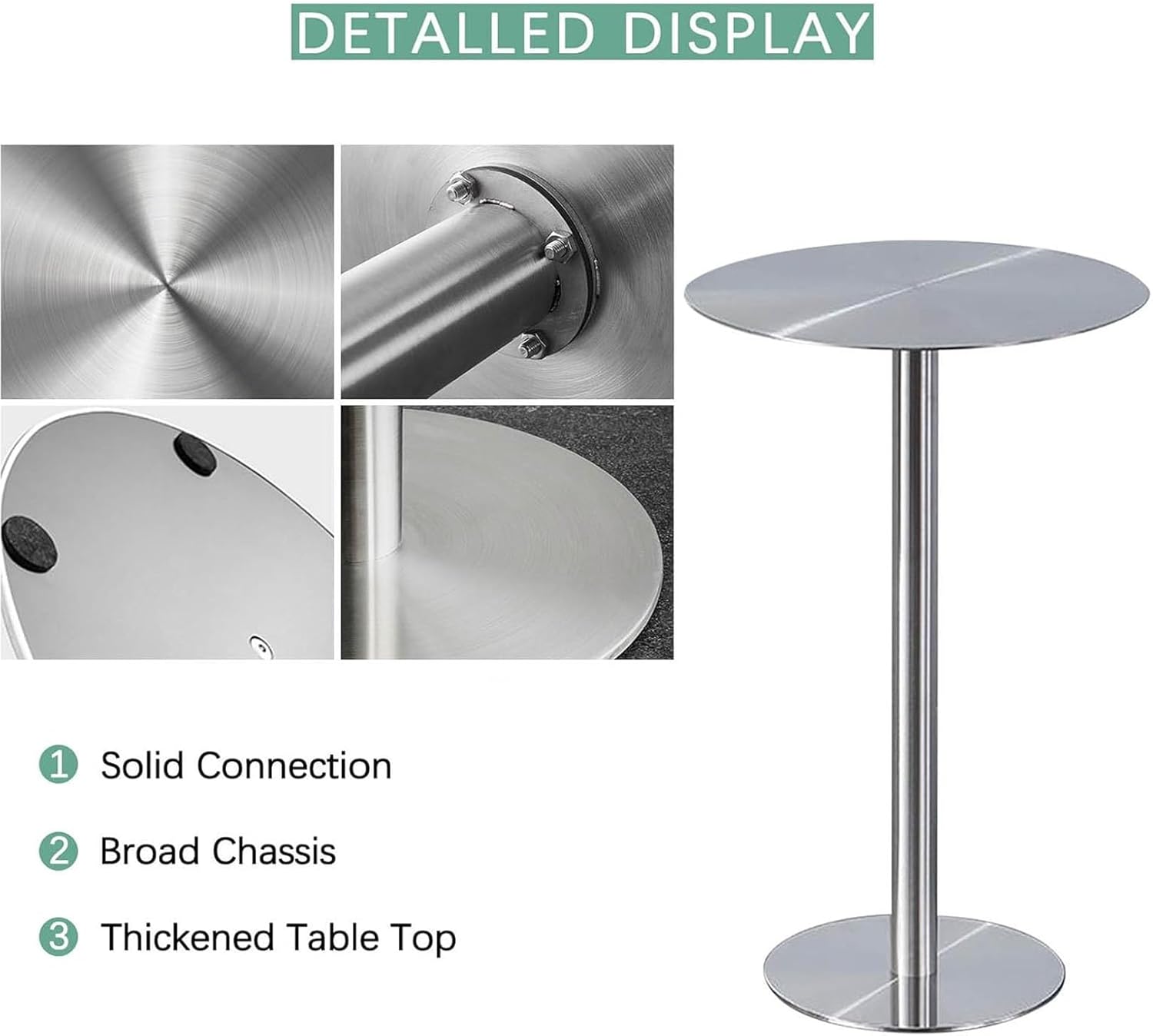 Round Dining Tables Leisure Table with Stainless Steels Table Top and Stable Base for Living Room Balcony Garden Outdoor, Space Saving(50x50x105cm)