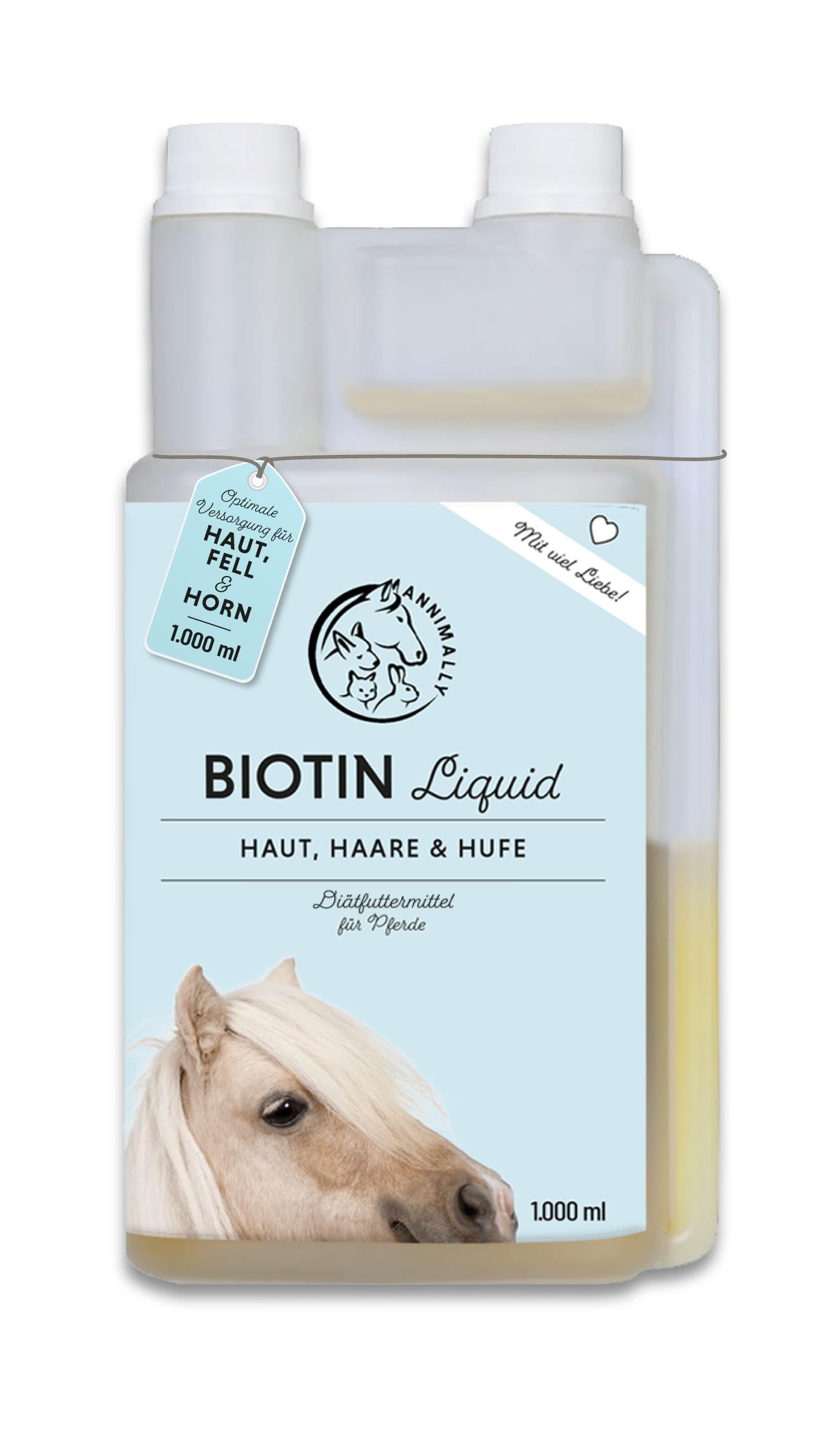 Annimally Pferd Biotin Zink Liquid 1000ml - Pflege für Haut, Haare & Hufe für Pferde - Biotin, Zink und MSM flüssig für EIN gesundes Fell - Fellpflege & Hufpflege für Pferde