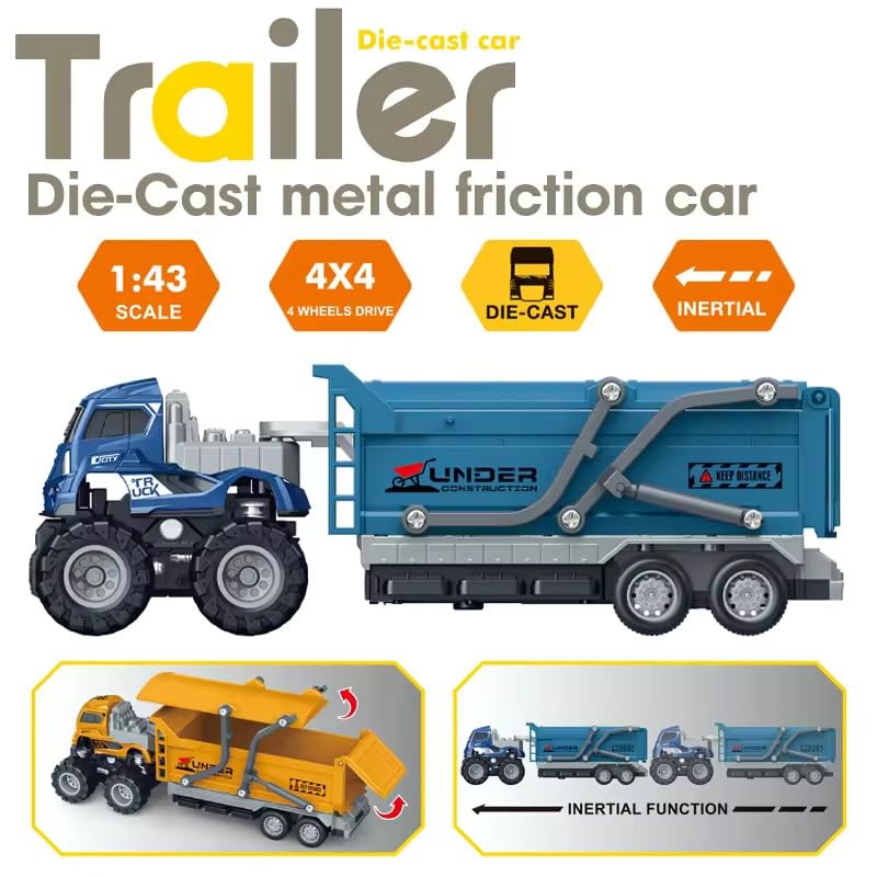 Image of 4WD Die cast Alloy Models Engineering Transport Truck for Kids Boy Girls Children 1:43 Friction Powered Sand Dumper Trailer Tractor Toy Pull Back Vehicle (Multicolor, Pack of 1)