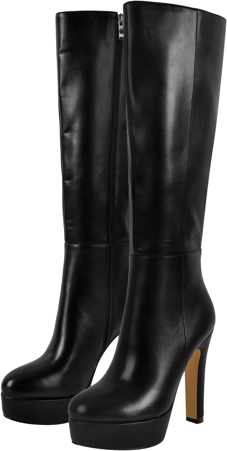 richealnini Platform Knee High Boots for Women Side Zip Up Tall Boots with Block Heel Comfort Long Boots