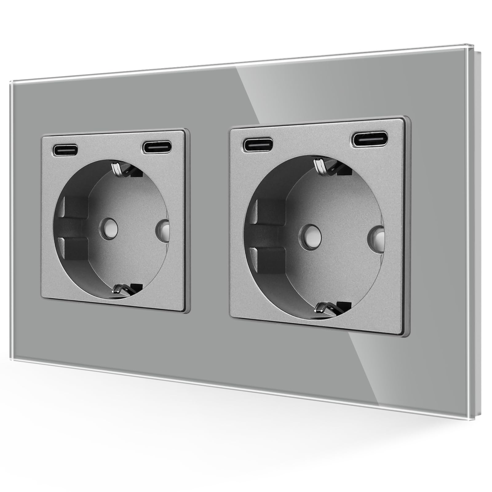 JIMEIDA Doppelsteckdose Glas mit USB C 20W Schnelles Laden Grau,Schuko Steckdosen Two Typ-C Port,Unterputz 157mm,16Amp 250V