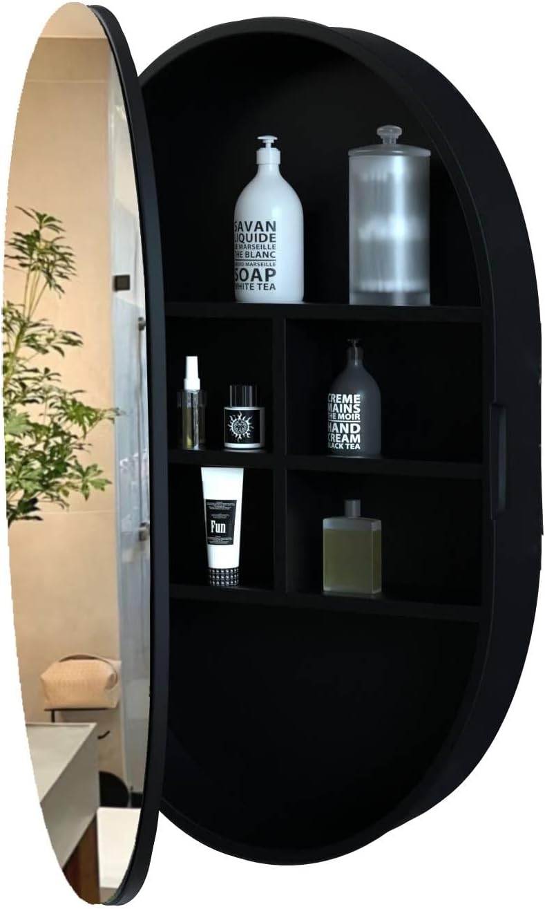 Medicine Cabinet Oval Bathroom Mirror Solid Wood Cabinets Wall Hanging Mirror Surface Wall Mounted Solid Wood Circular Frame 4 Level 19.7 X 30.7 inch(Style B, Black)