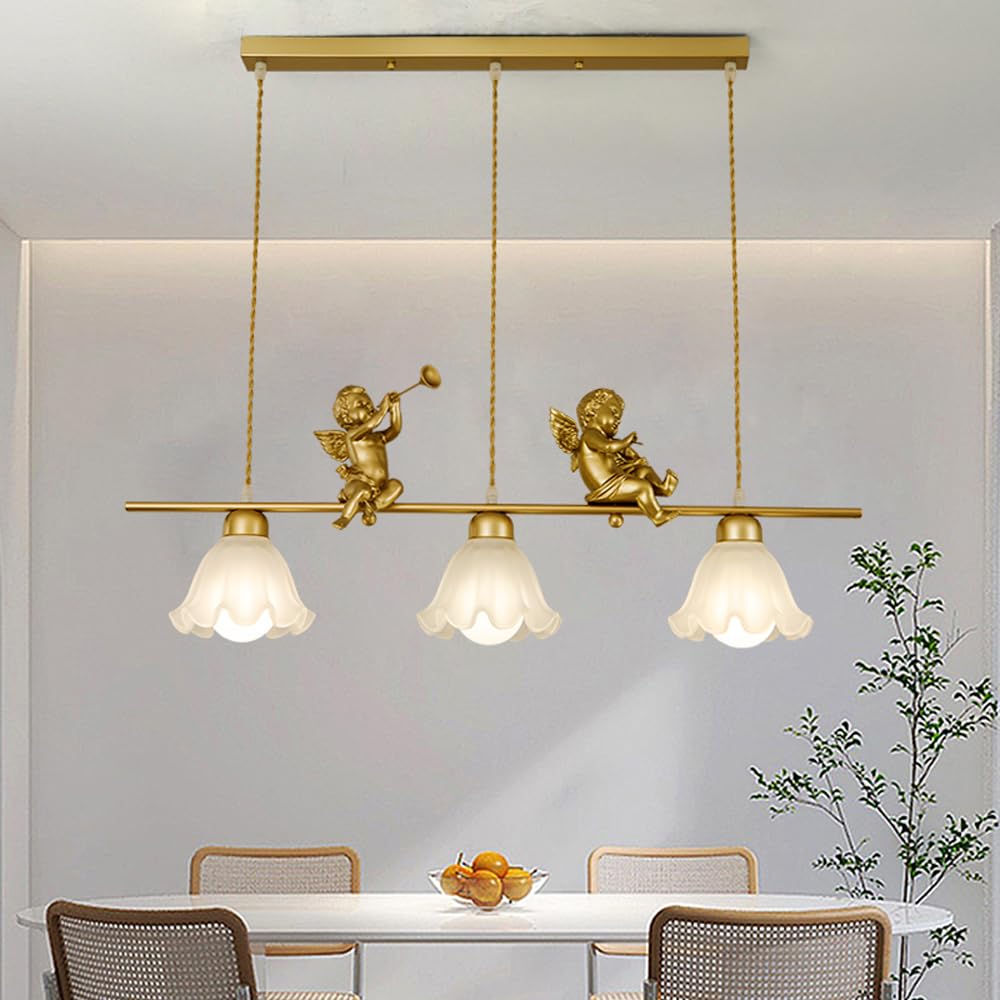 Lampada a Sospensione lineare a 3 luci per Isola Cucina, Angelo Dorato, Stile Moderno di metà secolo, Vetro opalino, Lampada Industriale a Sospensione, lampadario a Fiori per tavol