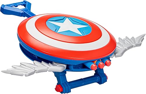 Marvel Mech Strike Mechasaurs Captain America Redwing Blaster, NERF Blaster con 3 dardos, juego de rol, juguetes de superhéroes para niños a partir