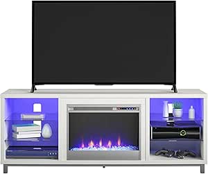 Ameriwood Home Lumina Fireplace TV Stand for TVs up to 70 Inch, Replaceable Electric Fireplace Insert Heater, Remote Control, Timer, Color Changing LED Lights, Crystal Ember Flames, White