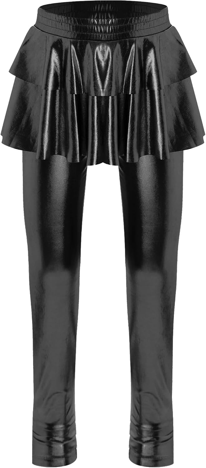 ACSUSS Kids Girls Metallic Ruffle Skirted Leggings Shiny Culottes Pants Stretchy Tights Sparkly Footless Pantskirt