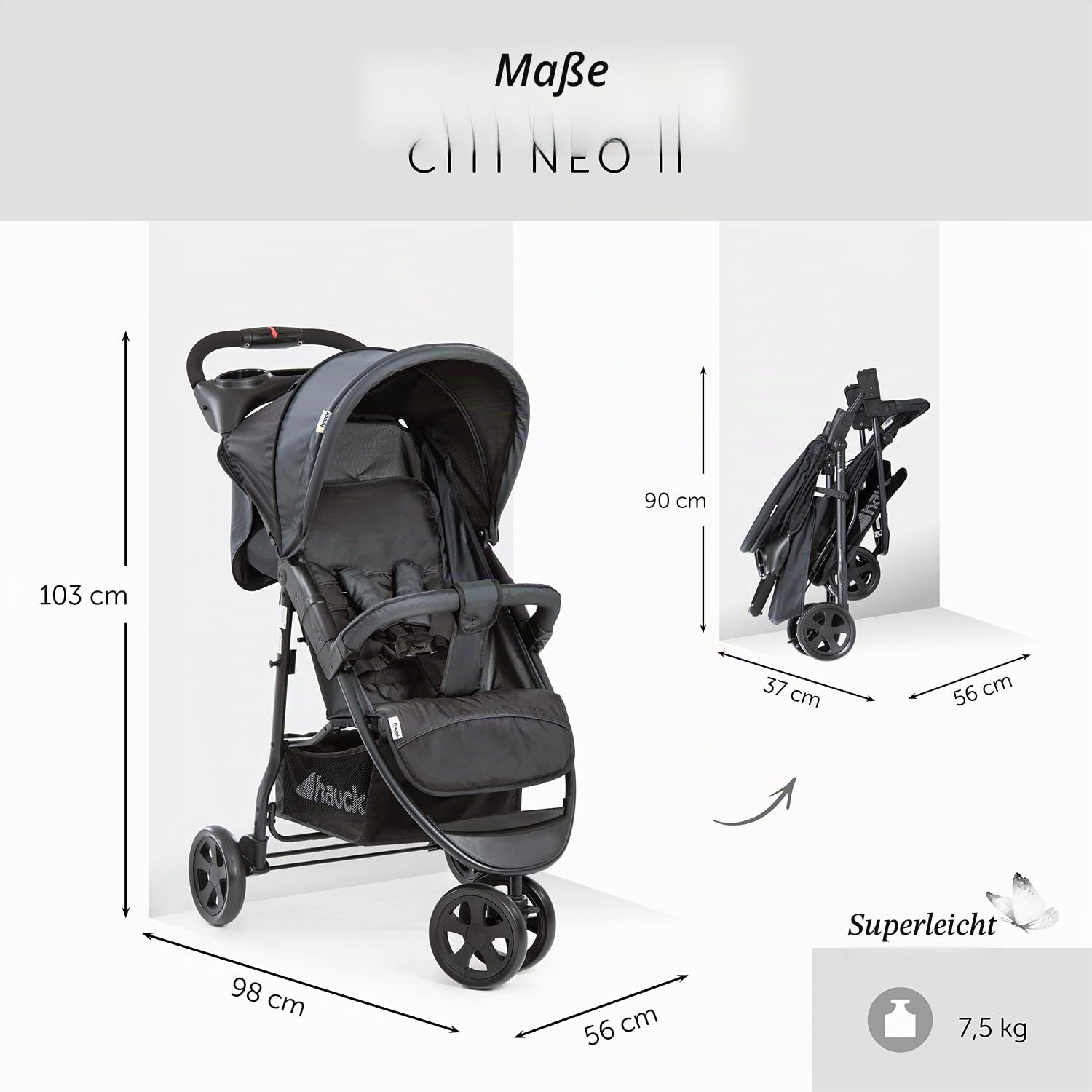 hauck Buggy Citi Neo 2 mit Spielzeug Lenkrad und XXL Zubehörpaket | Regenschutz & Mückennetz | Dreirad Kinderbuggy mit Liegefunktion, leicht & klein zusammenklappbar - Caviar Stone