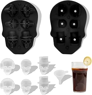 6 Cavity 3D Skull Ice Cube Mold Halloween Ice Cube Molds Skull Silicone Molds Skull Ice Cube Tray Large for Whiskey Candy Chocolate Beverages Party Decoration (with Funnel)