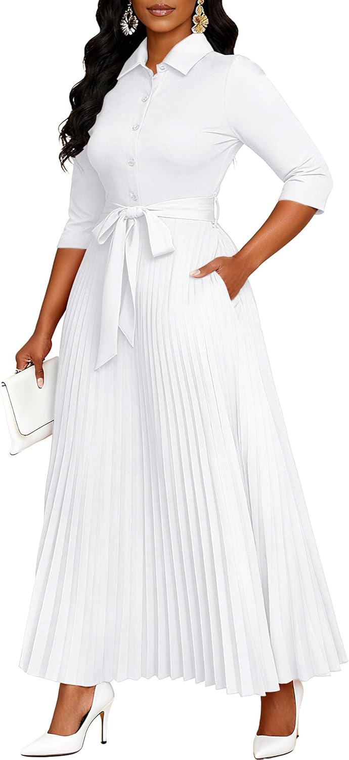 Runwind Maxi Dresses for Women, 3/4 Sleeve Botton Down Pleated Long Dress with Belt Casual Church Dress with Pockets - Image 2