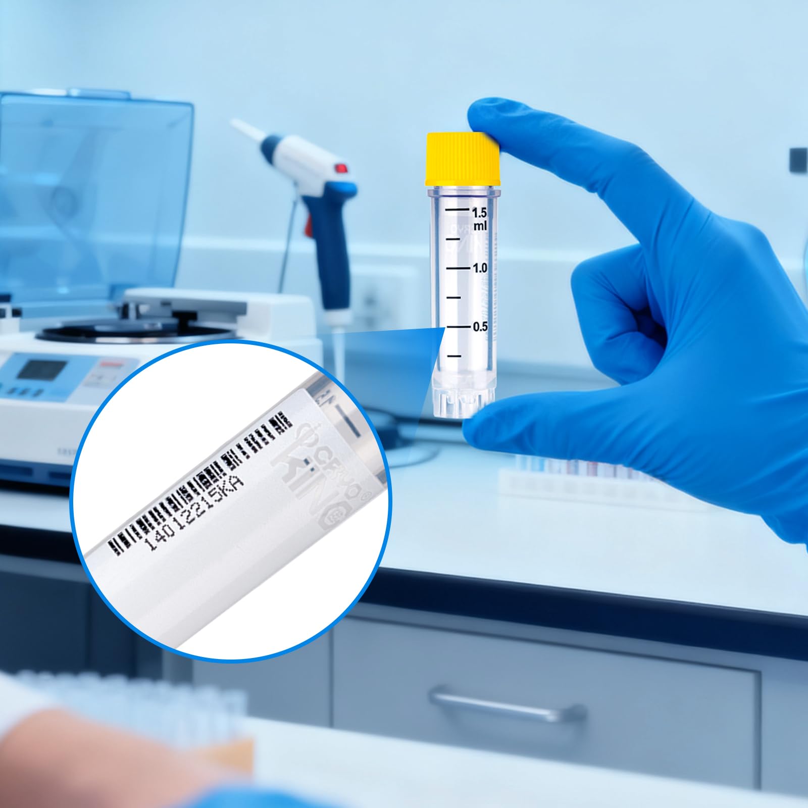Tubos criogénicos de plástico, 1,5 ml, tubos de muestra, frascos de muestra con código de barras y tapón de rosca para experimentos de química de laboratorio, color amarillo, 1000 unidades