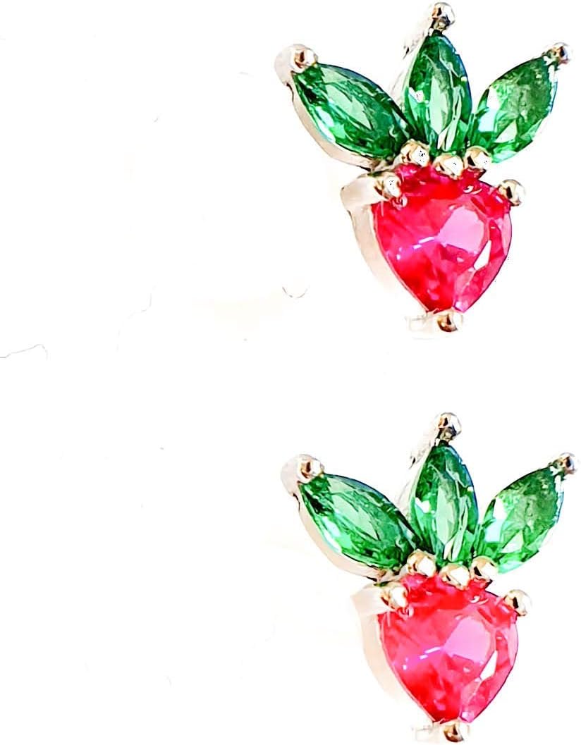 Strawberry Studs Earrings Cubic Zirconia Sterling Silver 925 Fruit Food Jewelry Fun Ear Posts