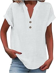 Generico Women's Summer Shirt Short Sleeve Linen Cotton Blouses Elegant Curvy Shirt Work Casual with Buttons Top Beach Blouse T Shirt Solid Color Classic