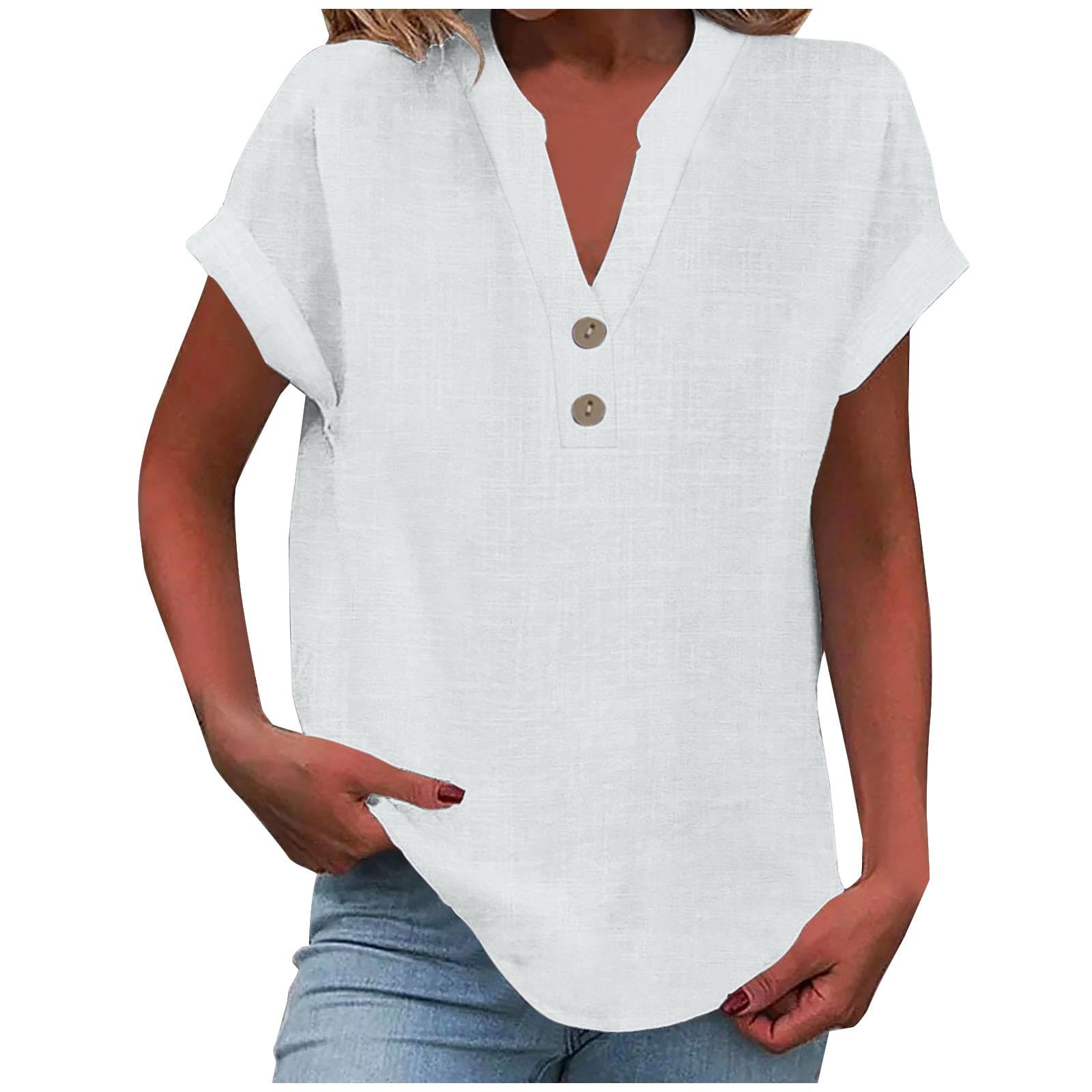 Generico Women's Summer Shirt Short Sleeve Linen Cotton Blouses Elegant Curvy Shirt Work Casual with Buttons Top Beach Blouse T Shirt Solid Color Classic