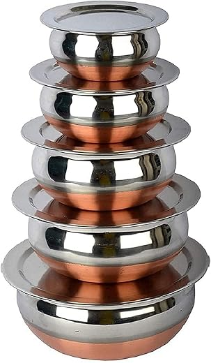 KC Stainless Steel Copper Bottom Kitchen Serving, Cooking Bowl | Biryani Handi | Handi Set 5-Pieces with Cover