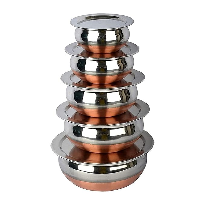 KC Stainless Steel Copper Bottom Kitchen Serving, Cooking Bowl | Biryani Handi | Handi Set 5-Pieces with Cover