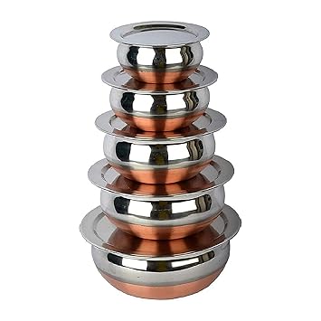KC Stainless Steel Copper Bottom Kitchen Serving, Cooking Bowl | Biryani Handi | Handi Set 5-Pieces with Cover - image, photos