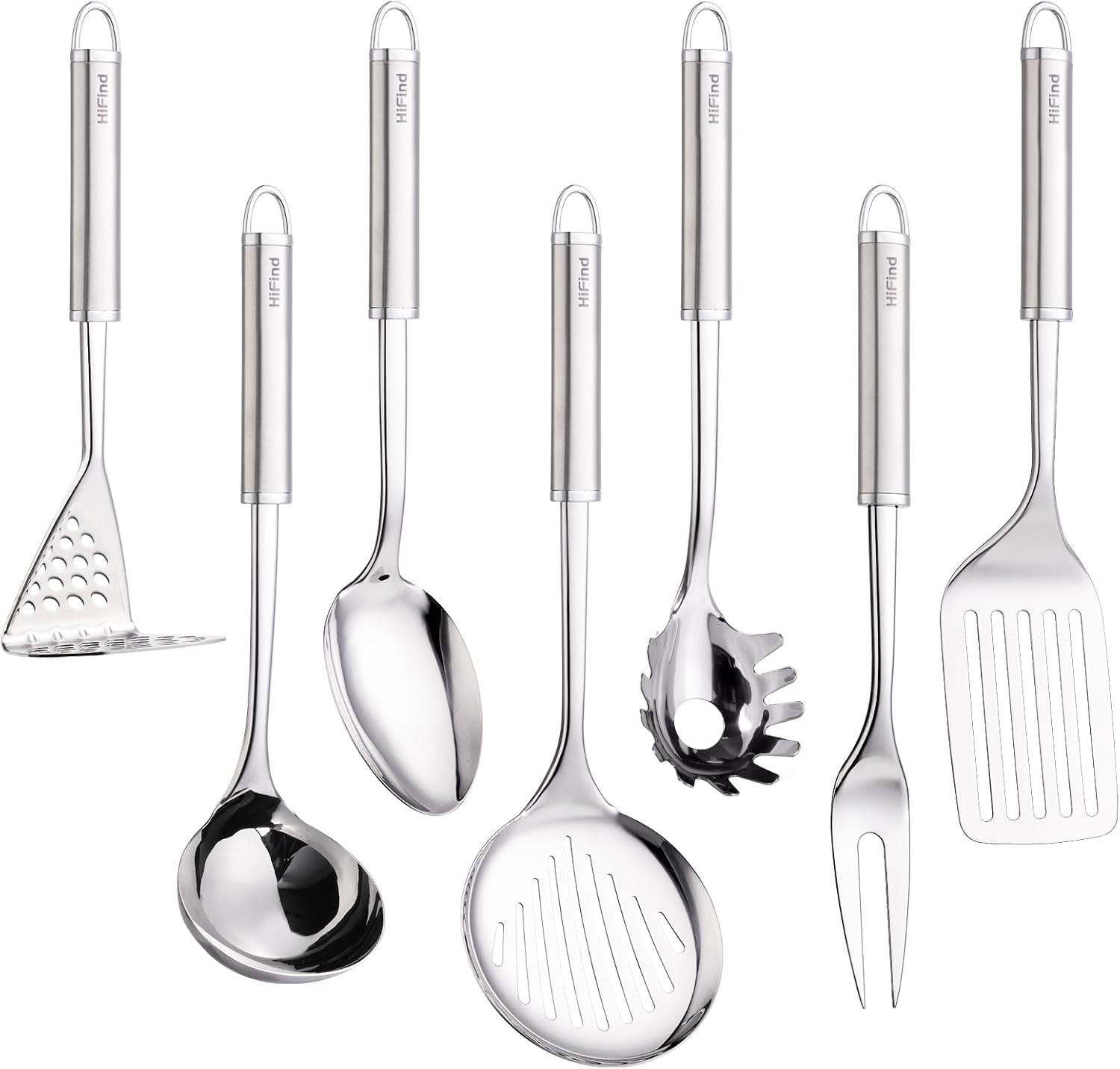 Stainless Steel Cooking Utensils 7PCS Kitchen Utensils Set, Heat Resistant Handle Utensils Set Included Ladle, Meat Fork, Slotted Spatula, Pasta Fork, Masher, Solid Spoon, Skimmer Spoon Stainless Steel Cooking Utensils 7PCS Kitchen Utensils Set, Heat Resistant Handle Utensils Set Included Ladle, Meat Fork, Slotted Spatula, Pasta Fork, Masher, Solid Spoon, Skimmer Spoon