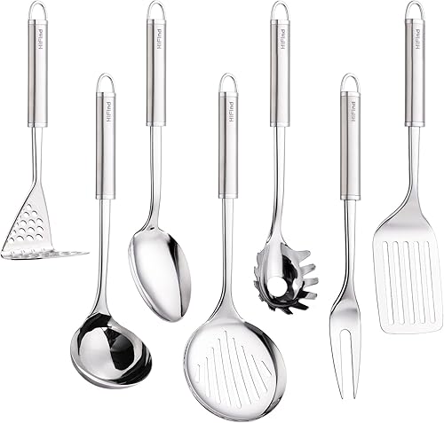 Juego de 7 utensilios de cocina de acero inoxidable, juego de utensilios de cocina resistentes al calor, incluye cucharón, tenedor de carne,