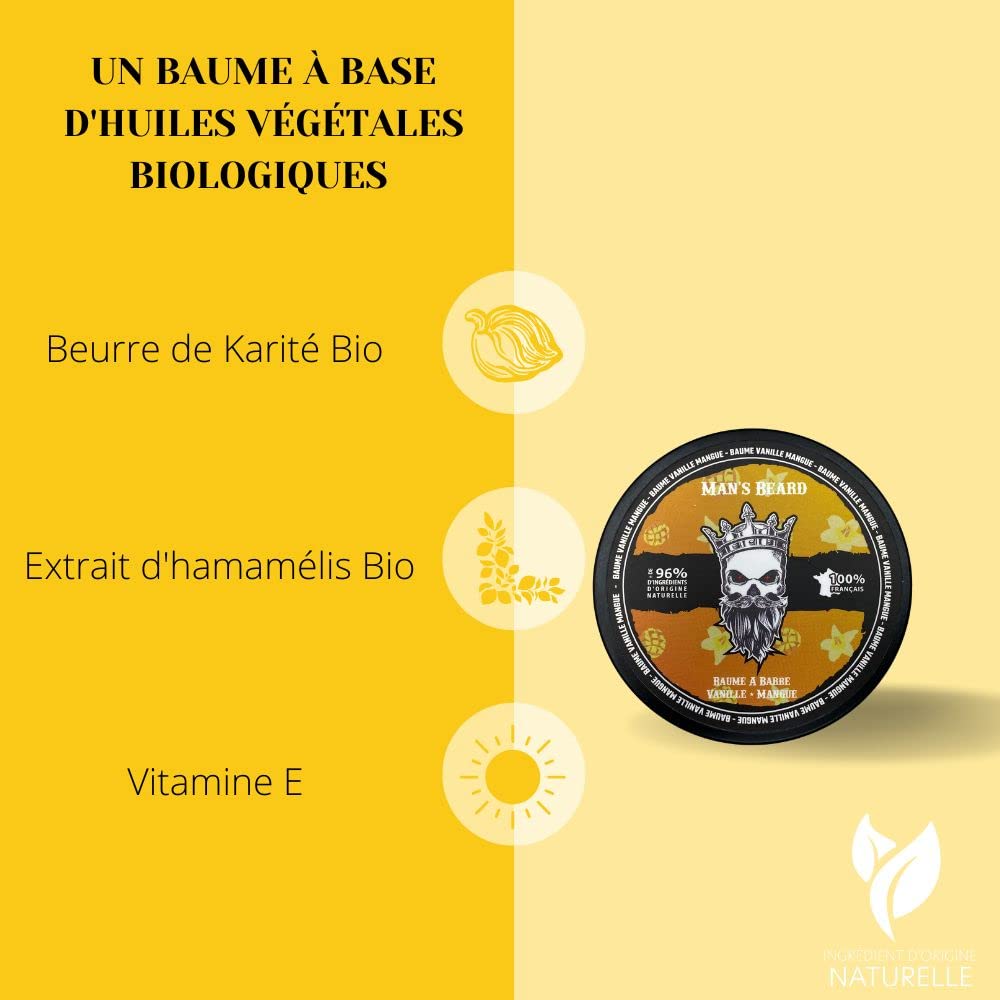Man's Beard | Baume à barbe homme | Vanille Mangue | Ingrédients d'origine naturelle | Soin de barbe adoucissant et aide à la pousse de la barbe | 100% Fabrication Française