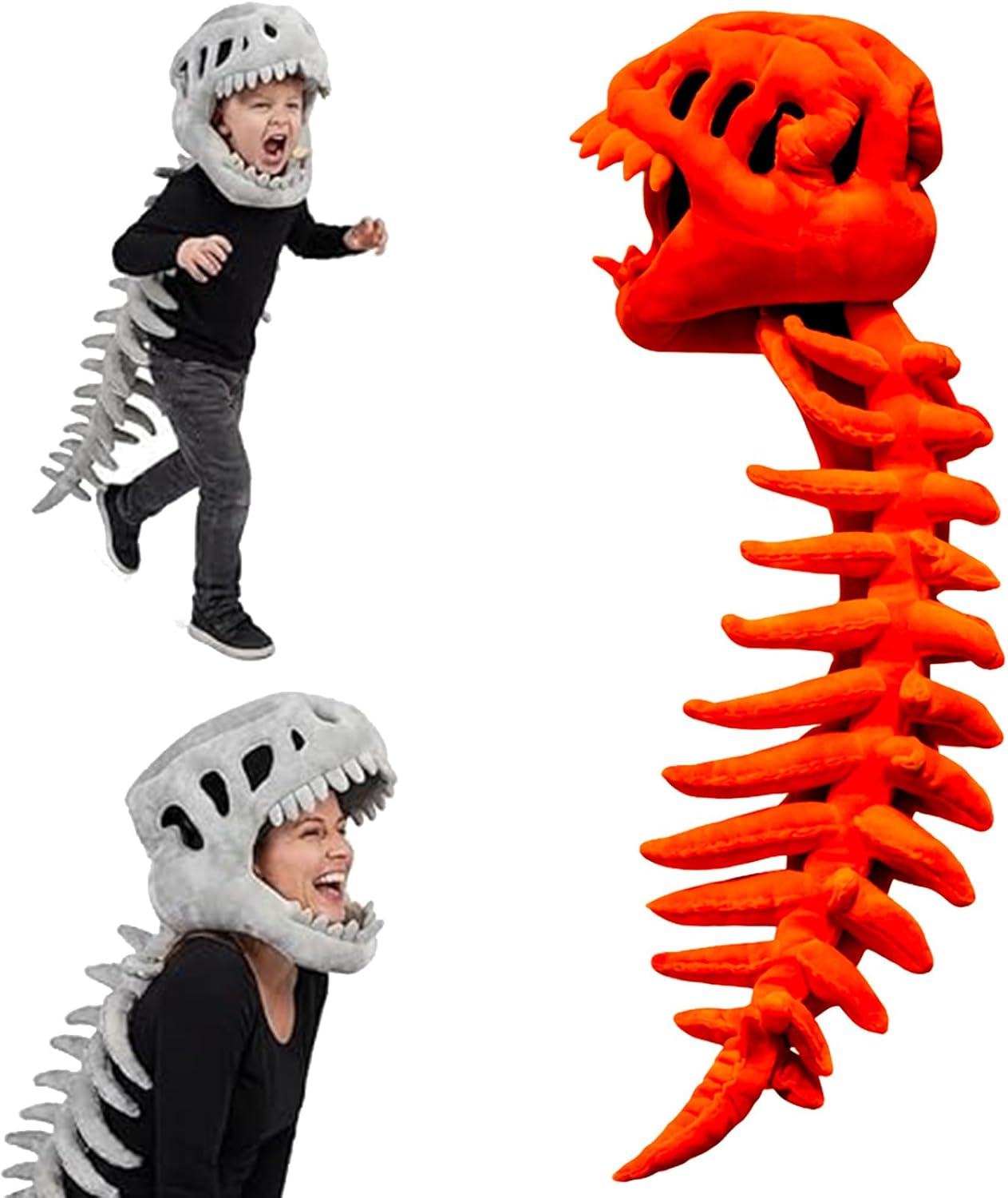 Dinosaur Skeleton Costume, Realistic 3D Spinosaurus Skull Hat & Spine Plush Prop for Cosplay