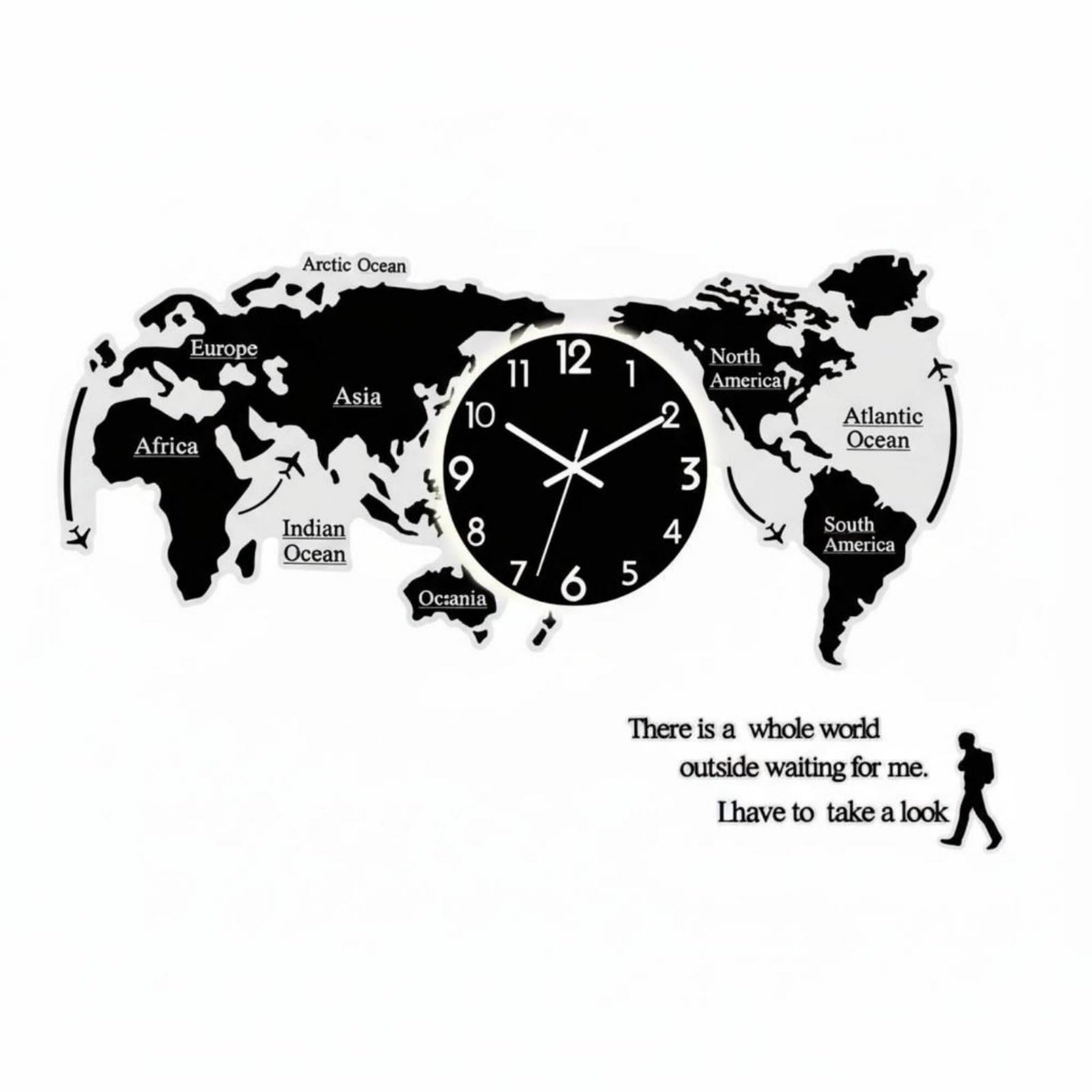 Orologio da Parete Mappa Orologio Decorativo Orologio Silenzioso Orologio Moderno con Design Minimal Effetto 3D Multistrato Superficie in Acrilico, 120x55cm, LED Nero
