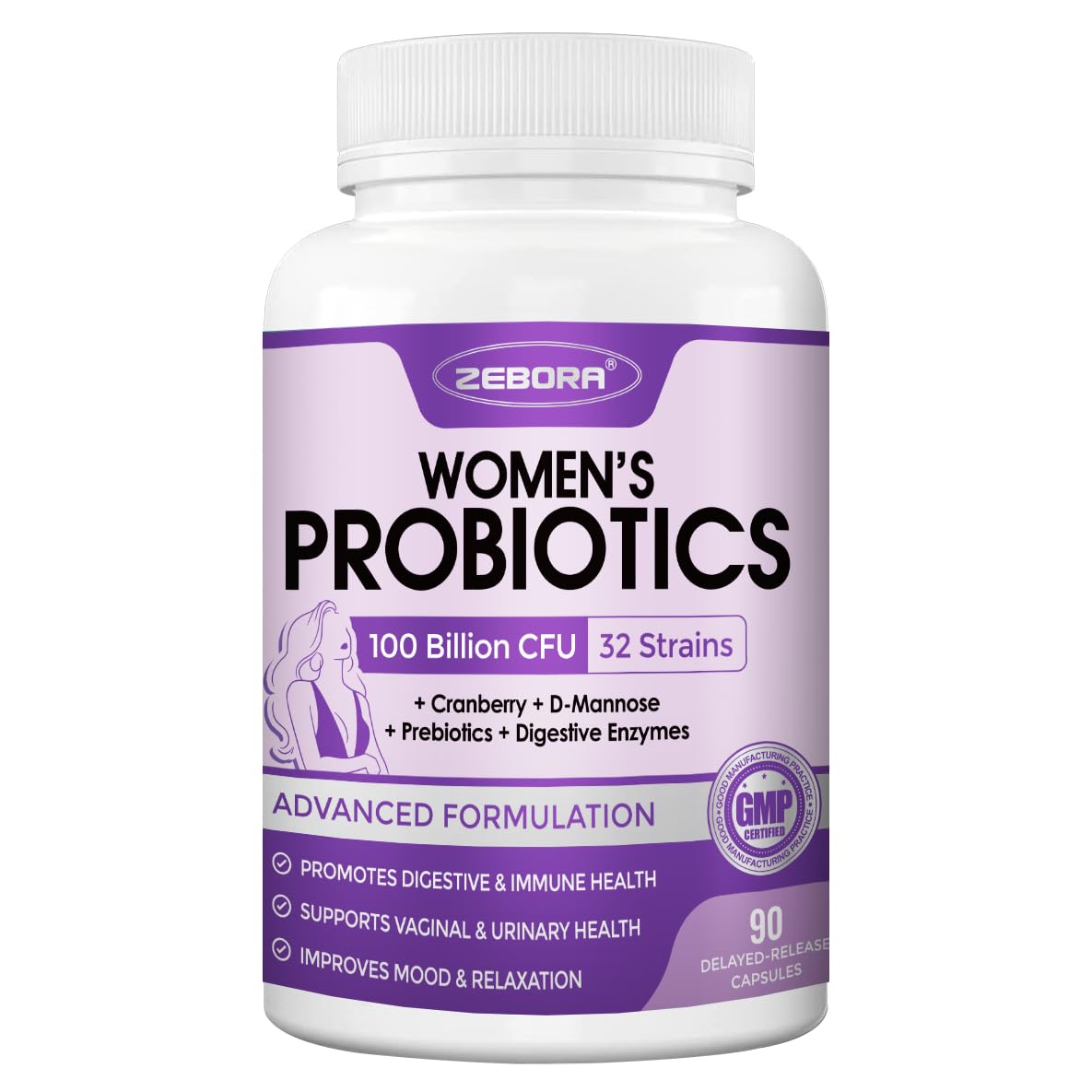 ZEBORA Probiotics for Women Digestive Health with Enzymes & Prebiotics 100 Billion CFUs| Vaginal Probiotics with D Mannose & Cranberry | Urinary Tract Health | Immune Support, 90 Capsules