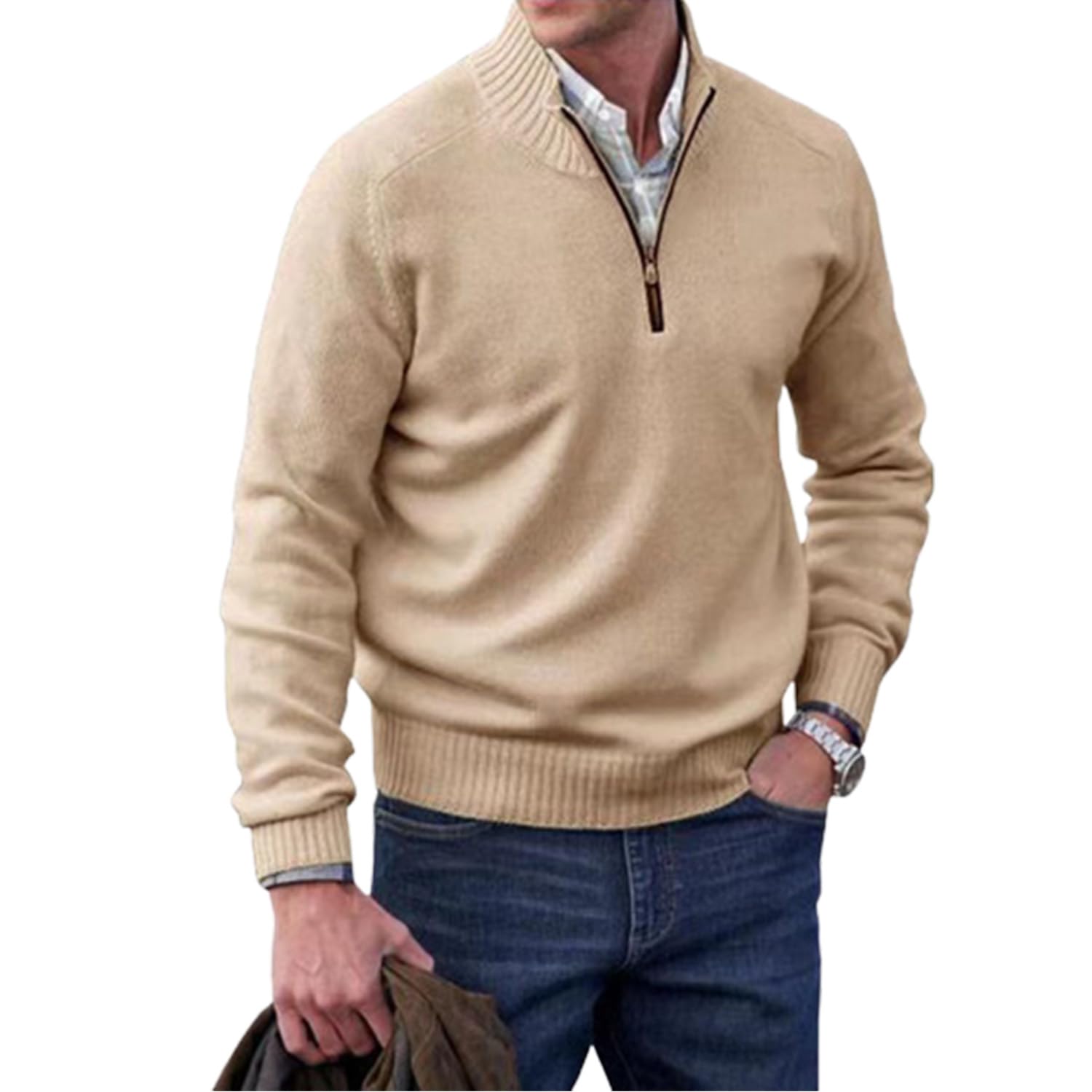 Suéter básico con Cremallera para Hombre, cárdigan de Manga Larga con Cuello Alto Ligero y Ajuste Delgado con Cremallera de un Cuarto (4X-Large,Apricot)