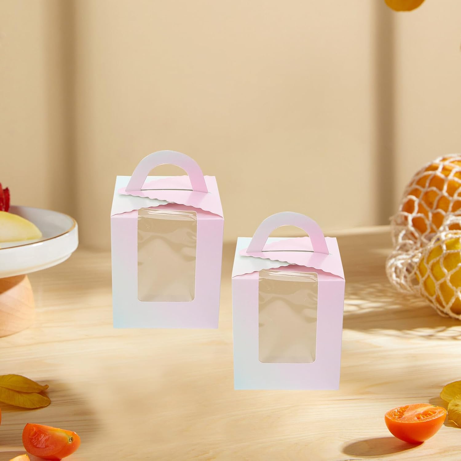 50pcs Small Paper Cake Boxes with Window Mousse Cake Display Carrier, Birthday Packing Holder for Cupcakes and Pastries, Gradient Color Paper Baking Storage Boxes