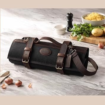 Chef Knife Roll Bag - Professional Chef Knife Case - Waxed Canvas and Crazy Horse Leather - With 12 Slots Plus 2 Zipper Pockets to Hold Kitchen Cooking Tools - Travel Tool Roll Pouch
