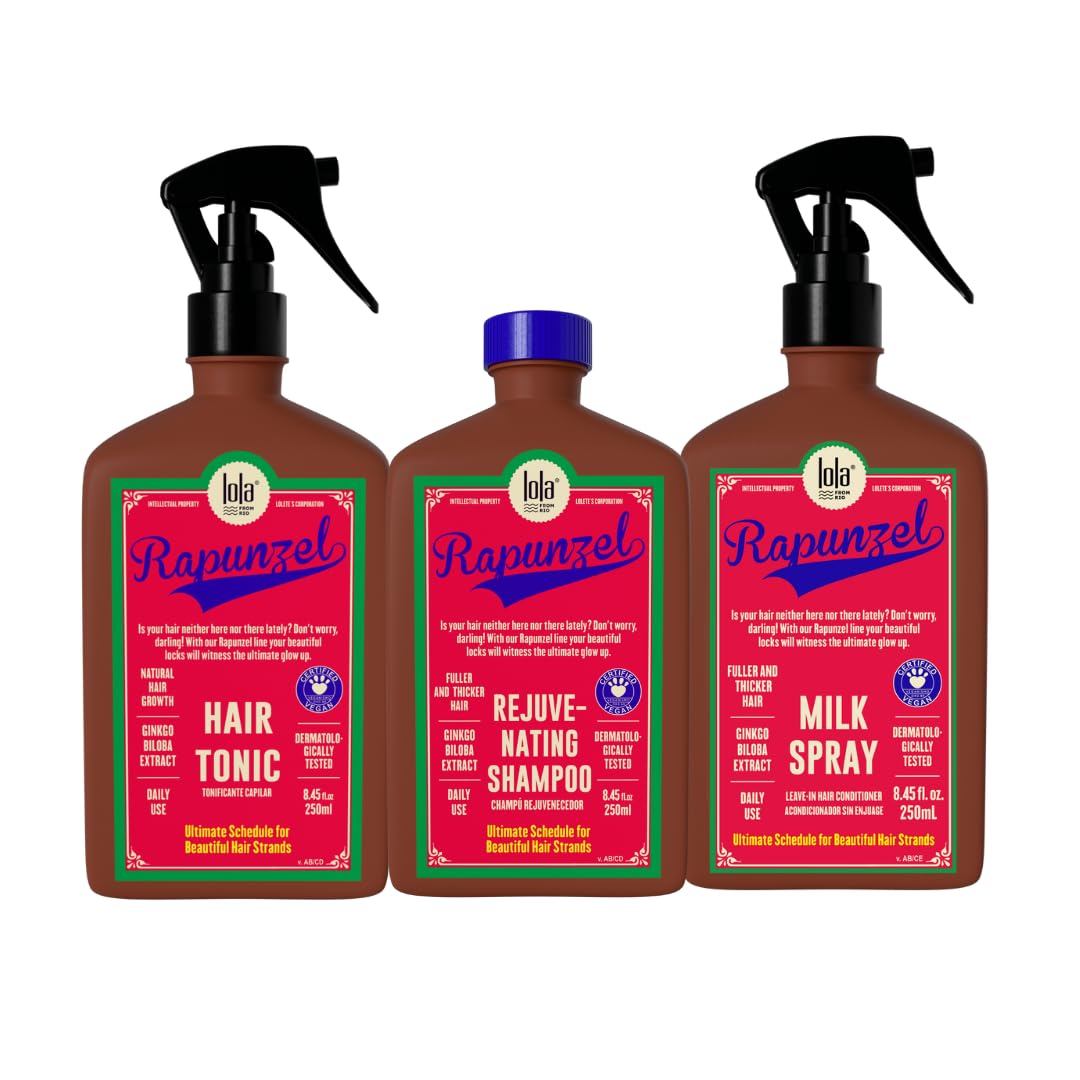 Lola From Rio Rapunzel Hair Care Set: Growth Tonic, Rejuvenating Shampoo, and Milk Spray for Strong, Healthy, Voluminous Hair - 8.45 Fl Oz Each