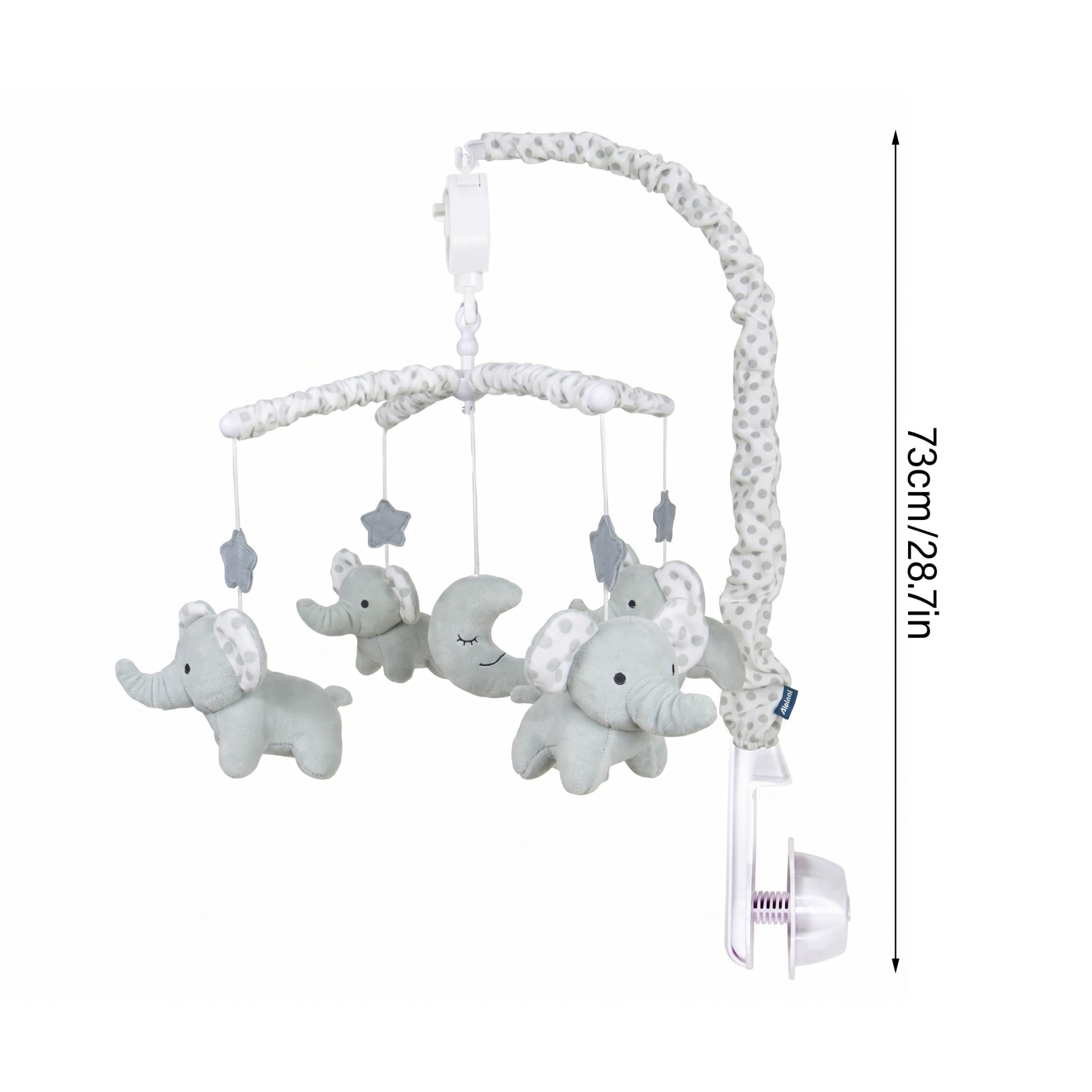 Giostrina per lettino, giostrina musicale con elefante rotante, grigio | Carillon a carica con elefanti di peluche per lo sviluppo sensoriale, la decorazione della cameretta e l'intrattenimento per