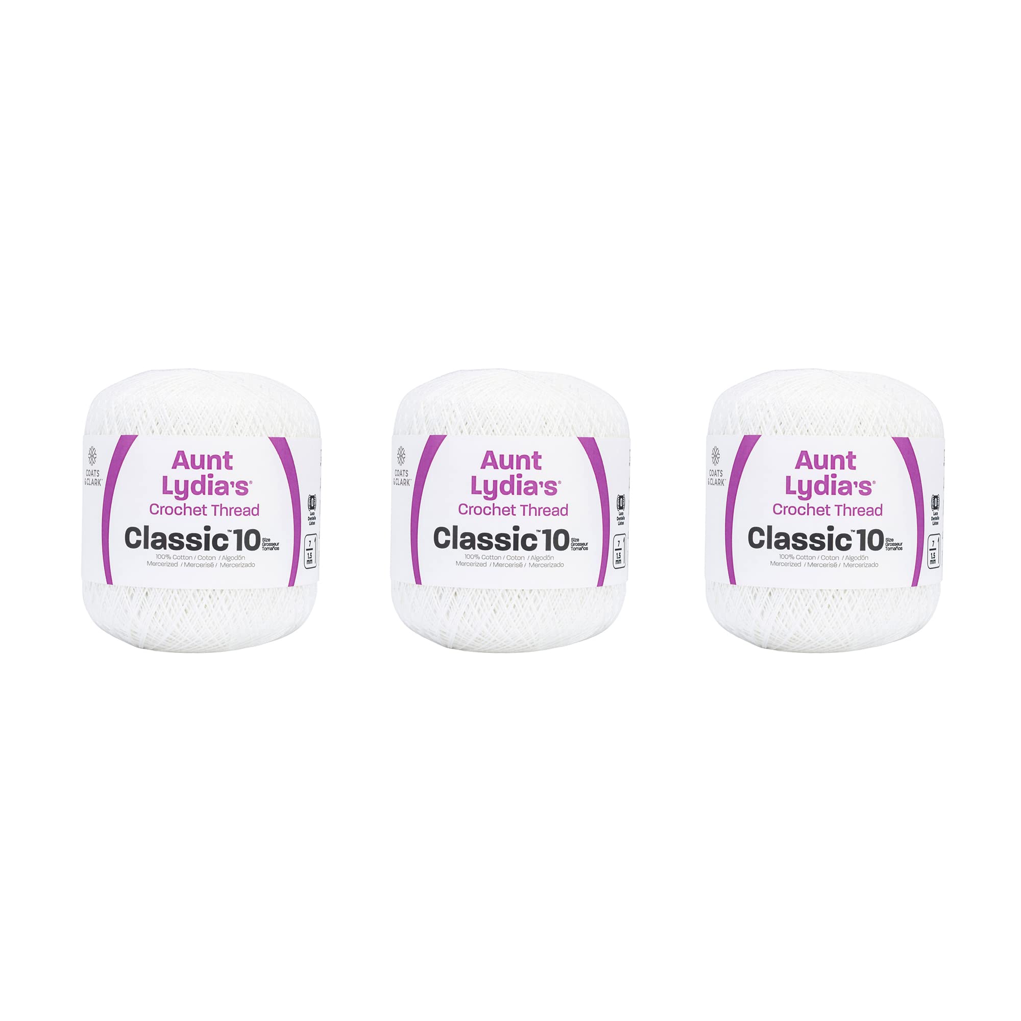 Aunt Lydia Classic White Crochet - 3 Pack of 400y/365m - Cotton - Gauge 10 - Crochet