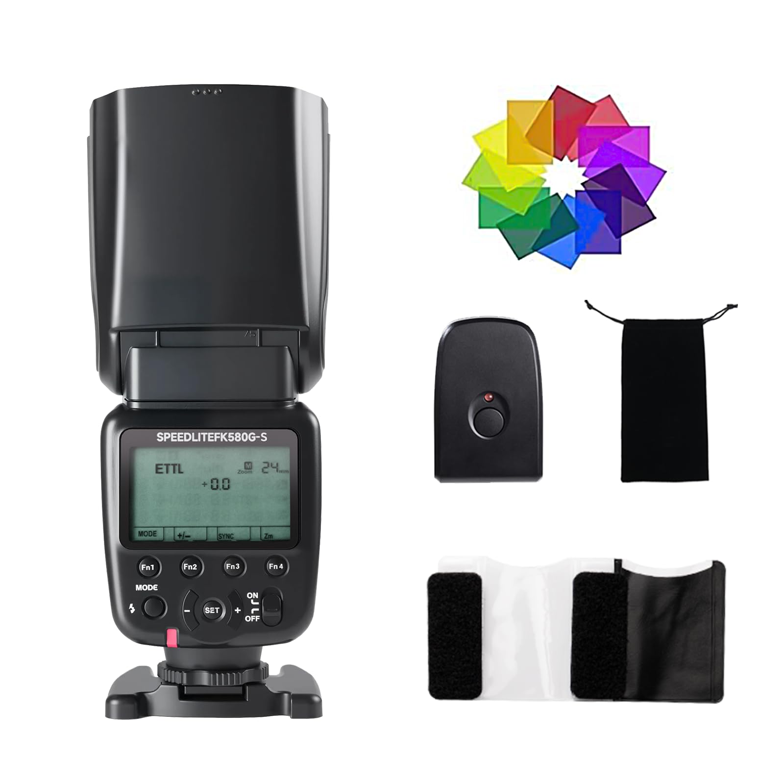PHOTOOLEX GN58 ETTL lampa błyskowa Speedlite z wyświetlaczem LCD, 12 kolorowych filtrów i wyzwalaczem radiowym, tryb TTL M S1 S2, liczba przewodnia 58, 5600 K, kompatybilna z Sony Alpha A7 A9 A6000