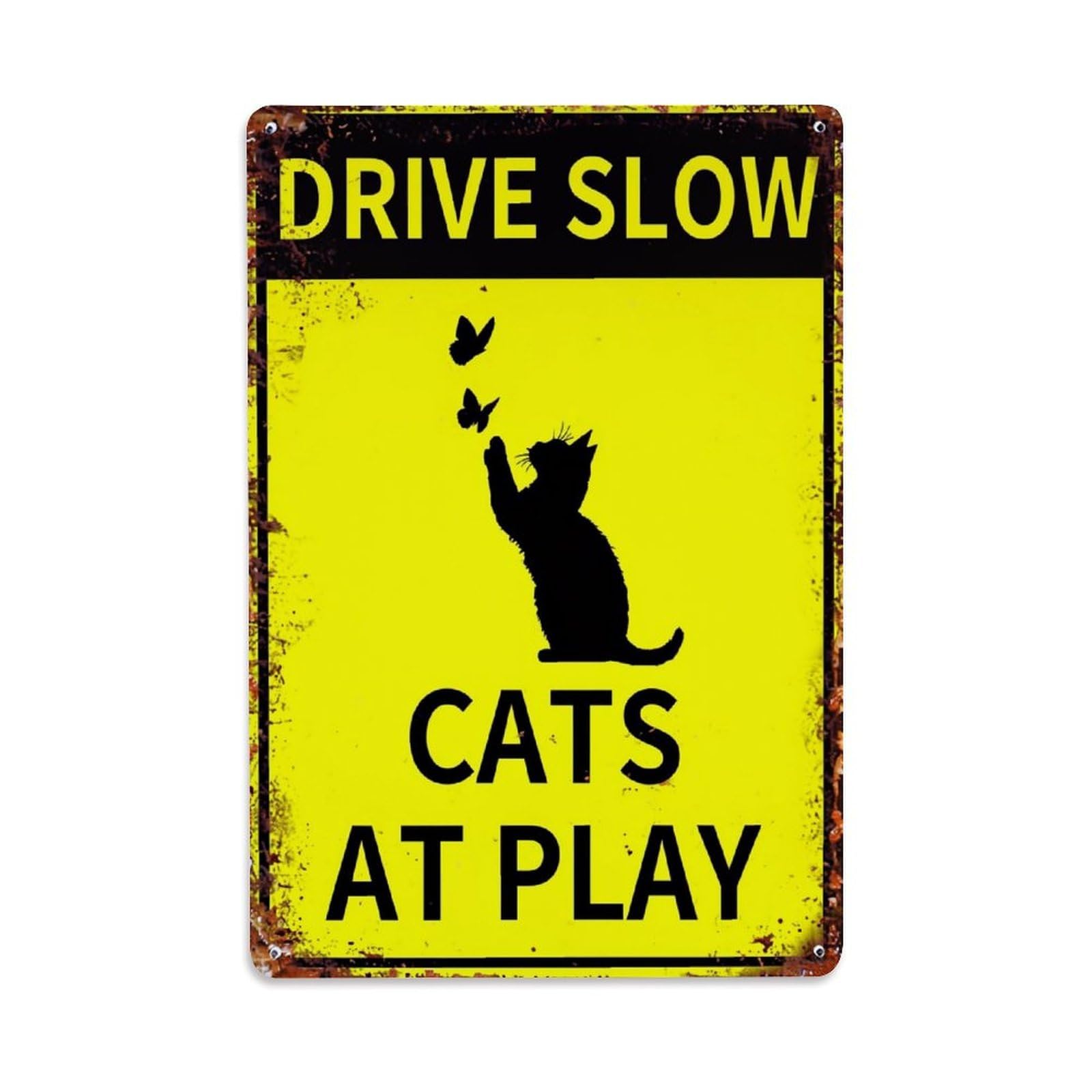 Jdyaojiesheng Vintage Drive Slow Cats At Play Tin Sign Retro Metal Wall Decor Metal Poster, Home Bar Garage Farmhouse Cafe Wall Art Decoration 8X12inches