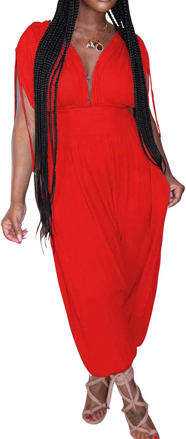 Yuopeid Women's Sexy V Neck Sleeveless Jumpsuit Elastic Waist Loose Long Pants Casual Vacation Rompers