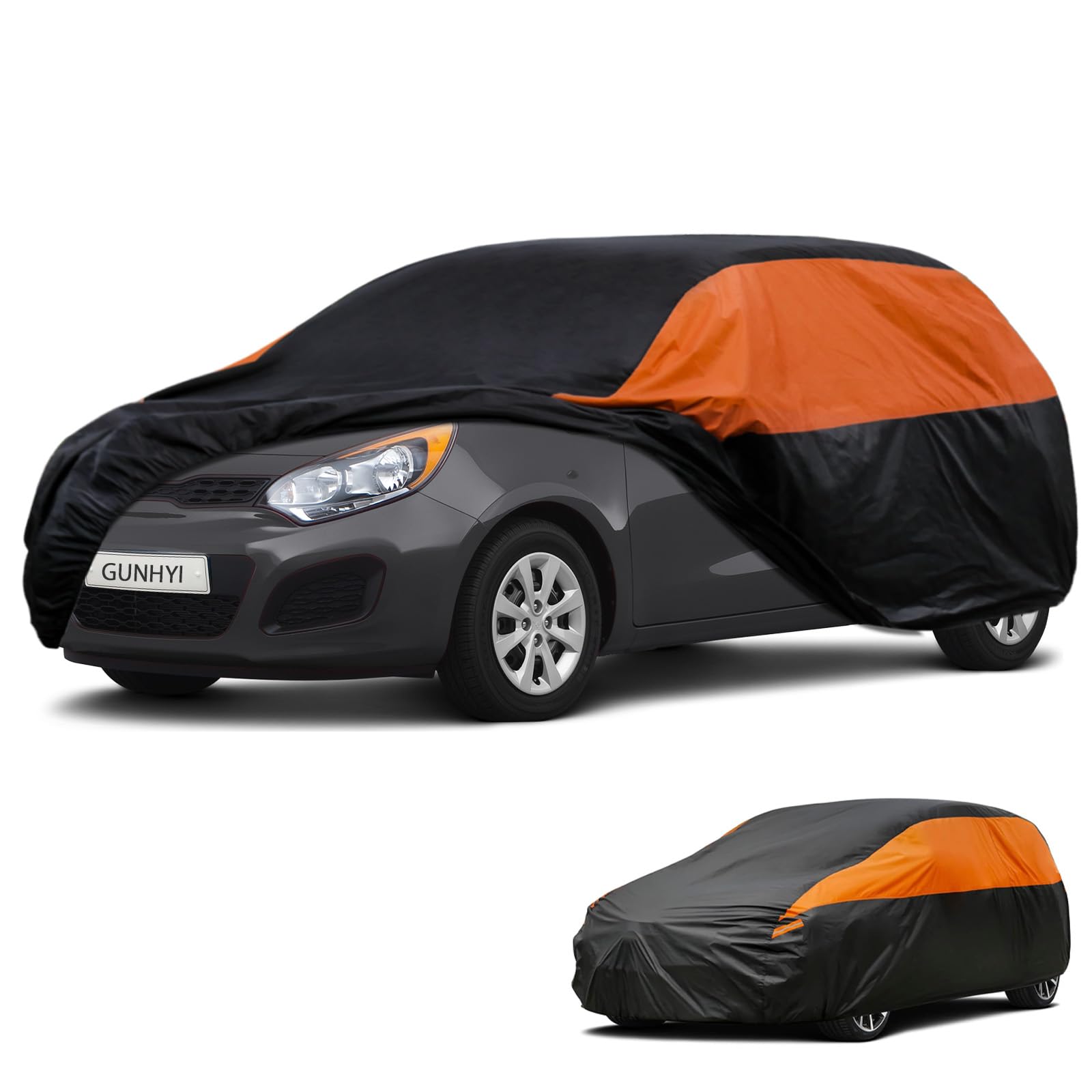 GUNHYI Waterproof Lightweight Hatchback Full Car Cover Custom Fit Kia Rio | All‑weather Outdoor sun/rain/dust/snow/wind/UV protection, breathable tear‑resistant fabric, black‑orange design,storage bag