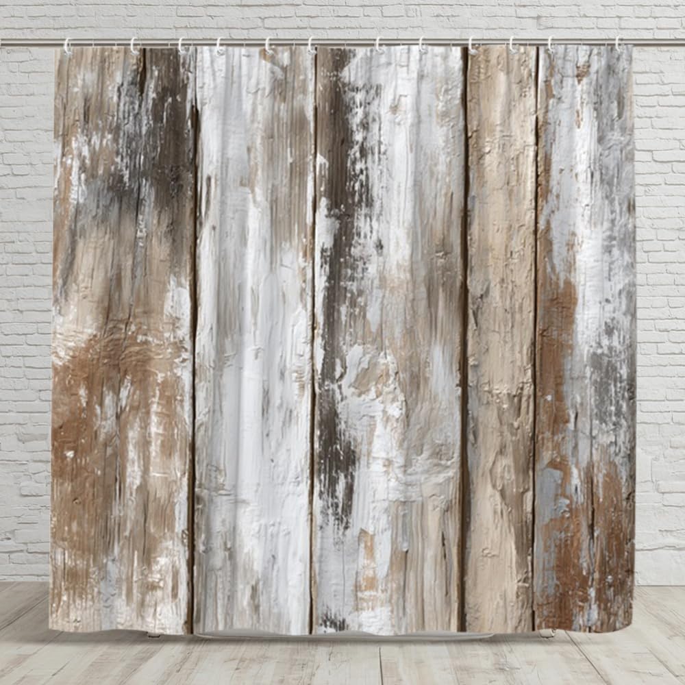 Rideau de douche lavable en machine motif planches de bois style ferme 160x160